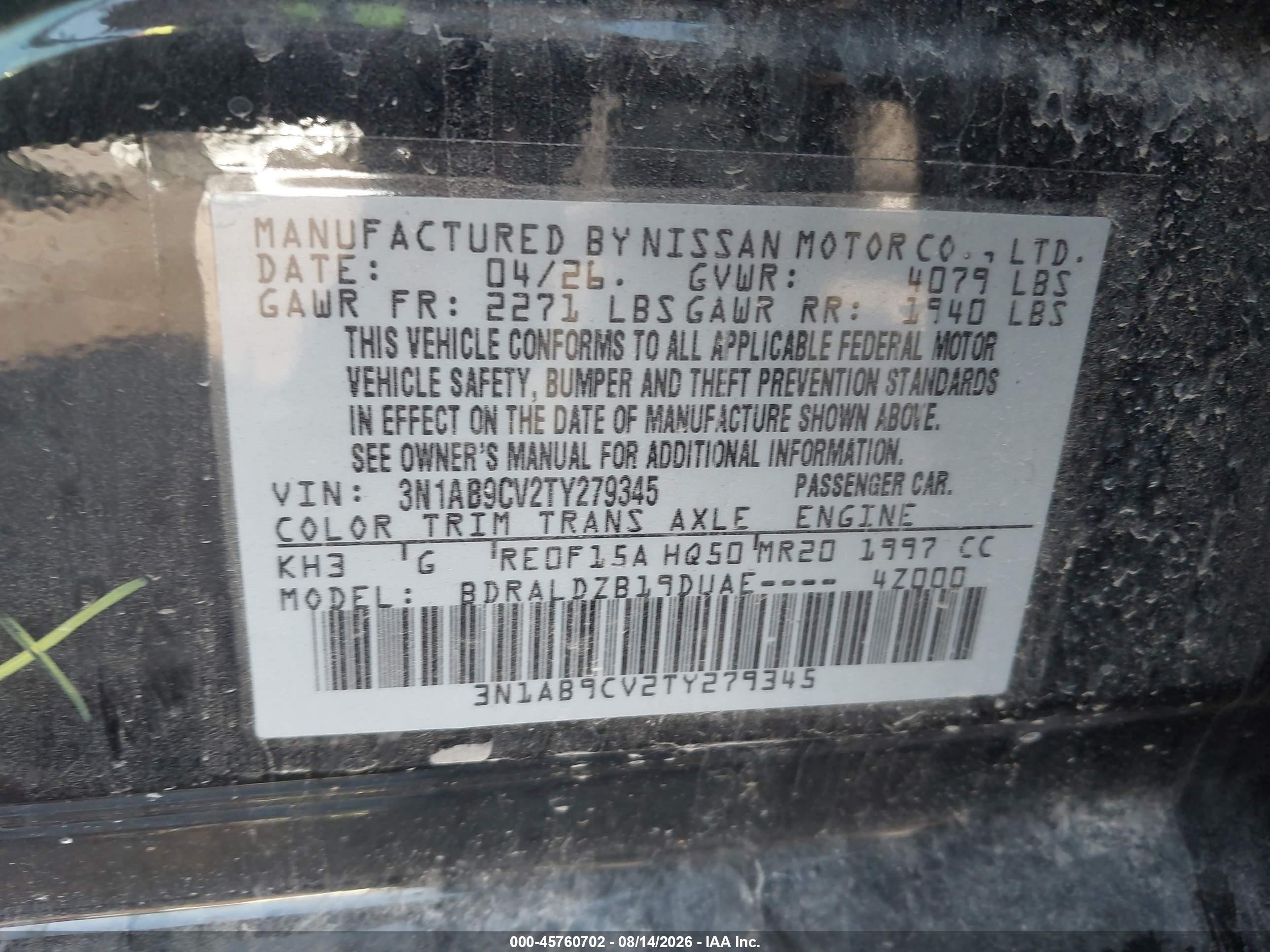 2026 Nissan Sentra Sv Black vin: 3N1AB9CV2TY279345