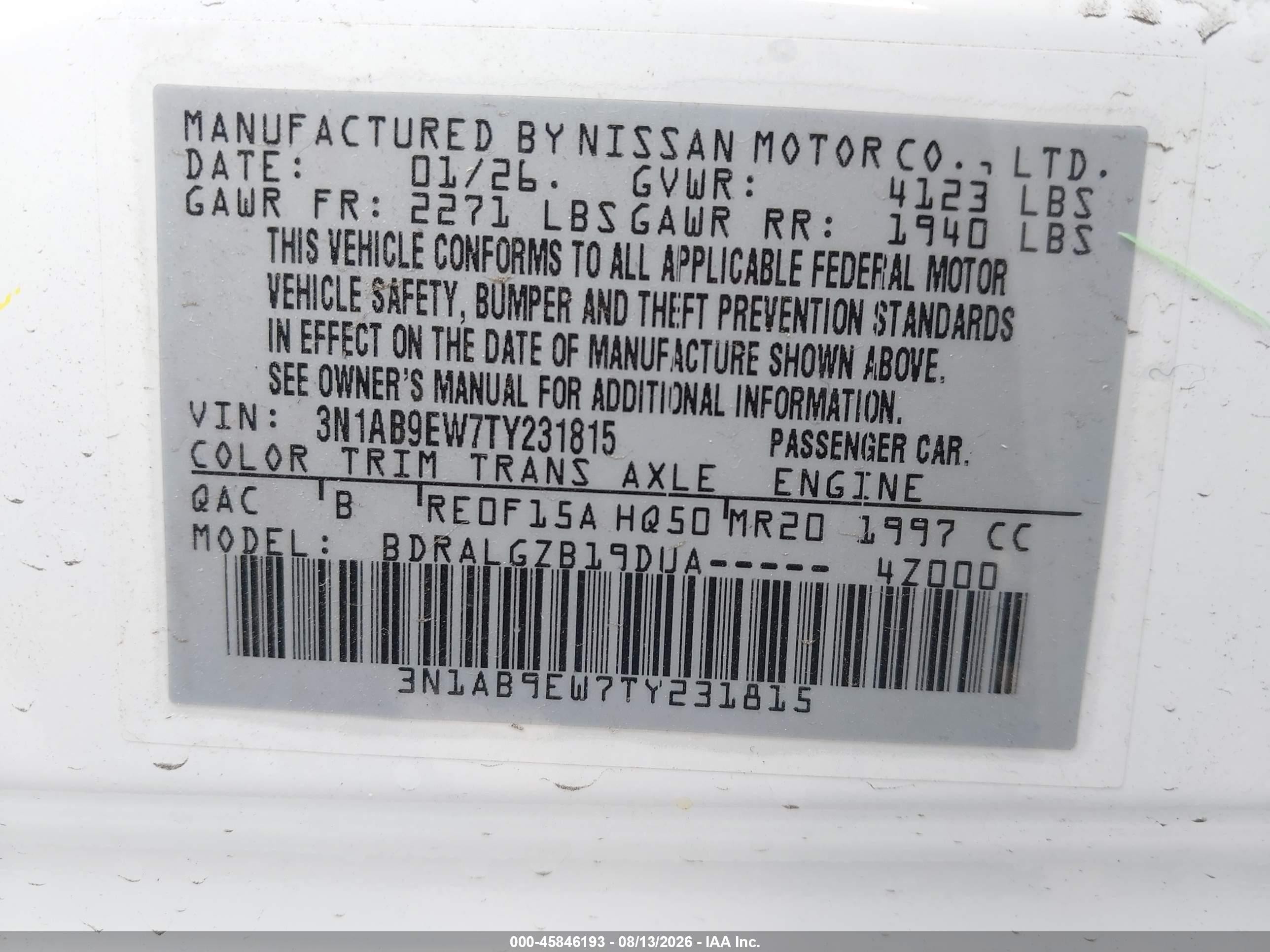 2026 Nissan Sentra Sl White vin: 3N1AB9EW7TY231815
