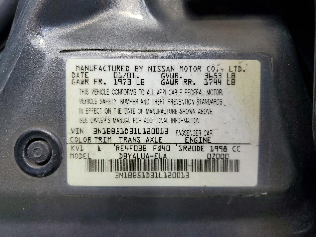 2001 Nissan Sentra Se Gray vin: 3N1BB51D31L120013