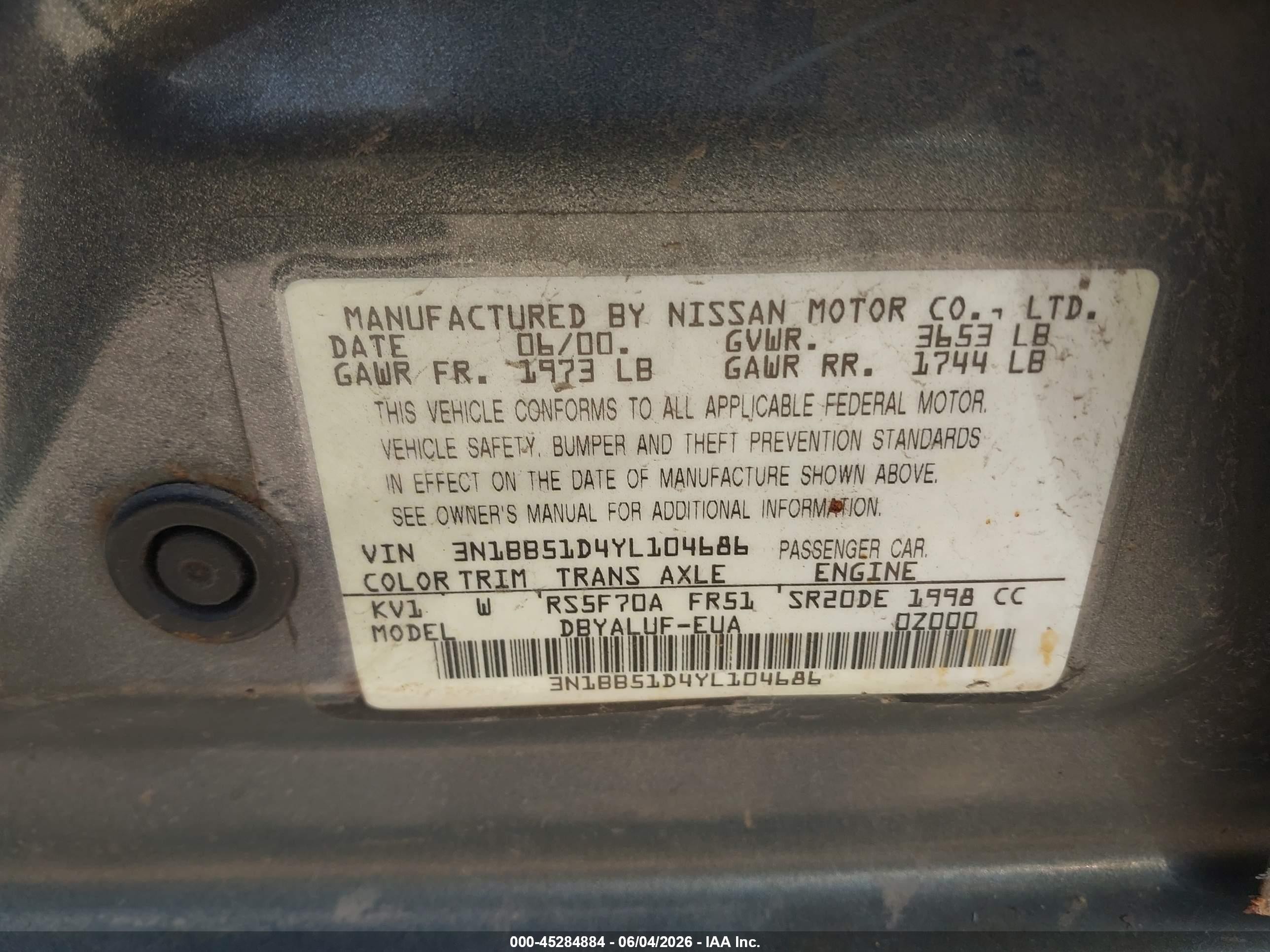 2000 Nissan Sentra Se Gray vin: 3N1BB51D4YL104686