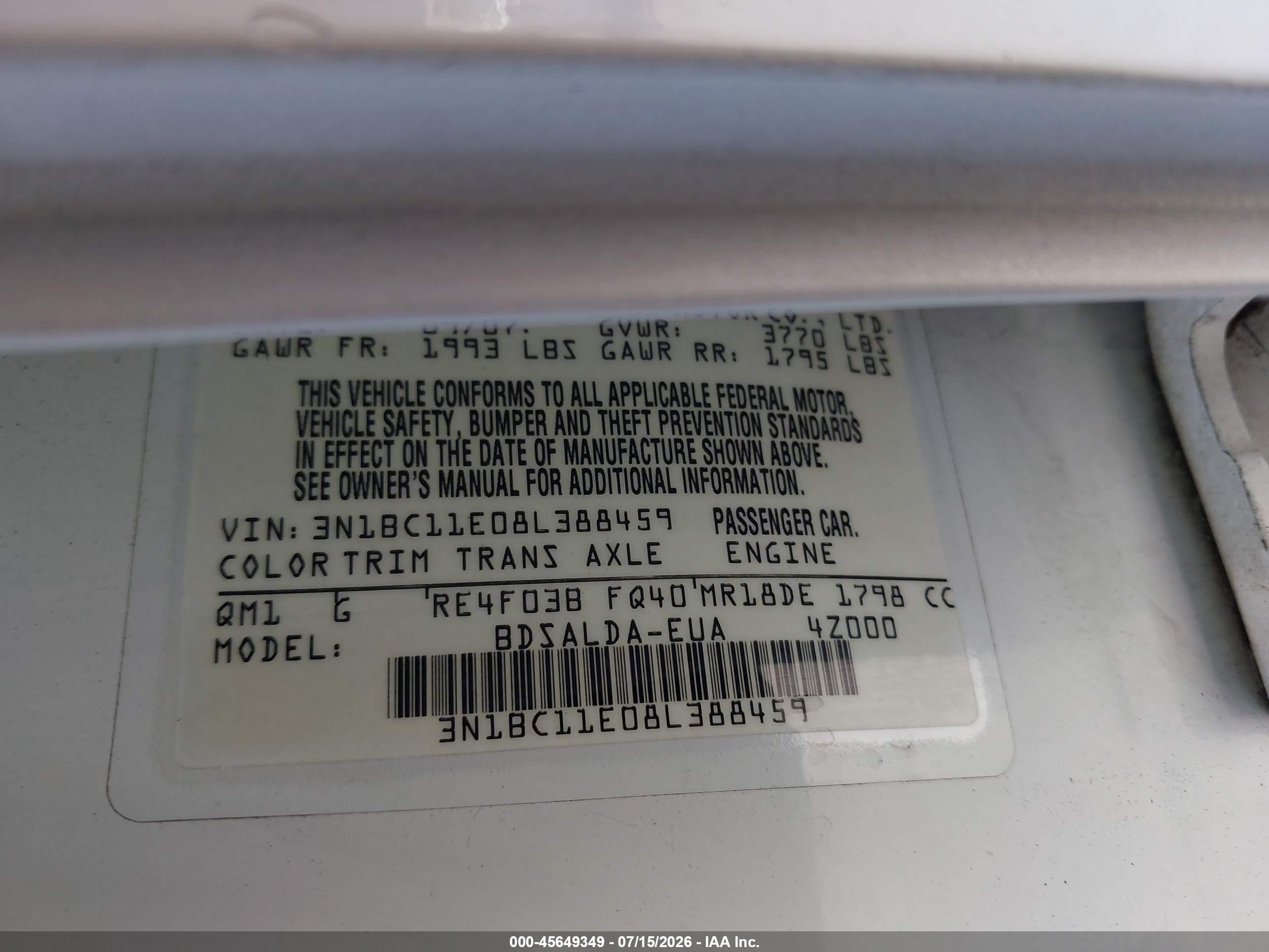 2008 Nissan Versa 1.8 S White vin: 3N1BC11E08L388459