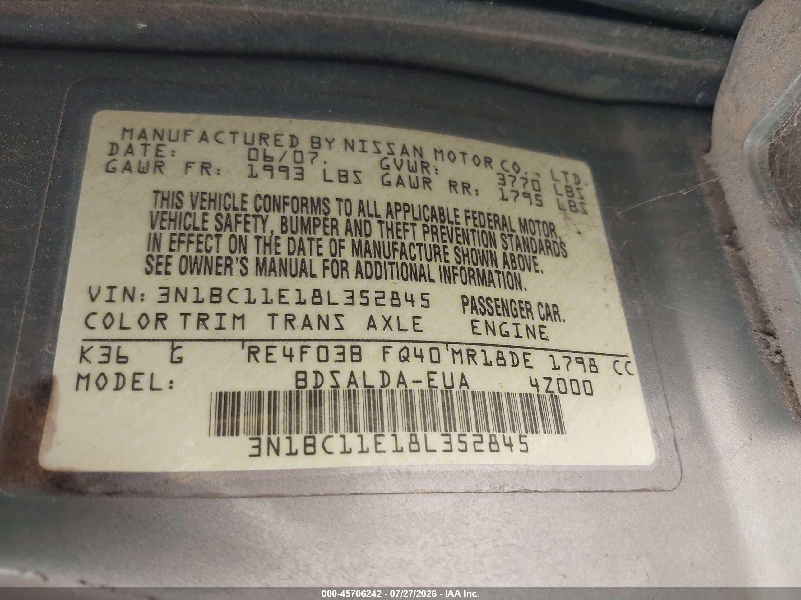 2008 Nissan Versa 1.8 S Silver vin: 3N1BC11E18L352845