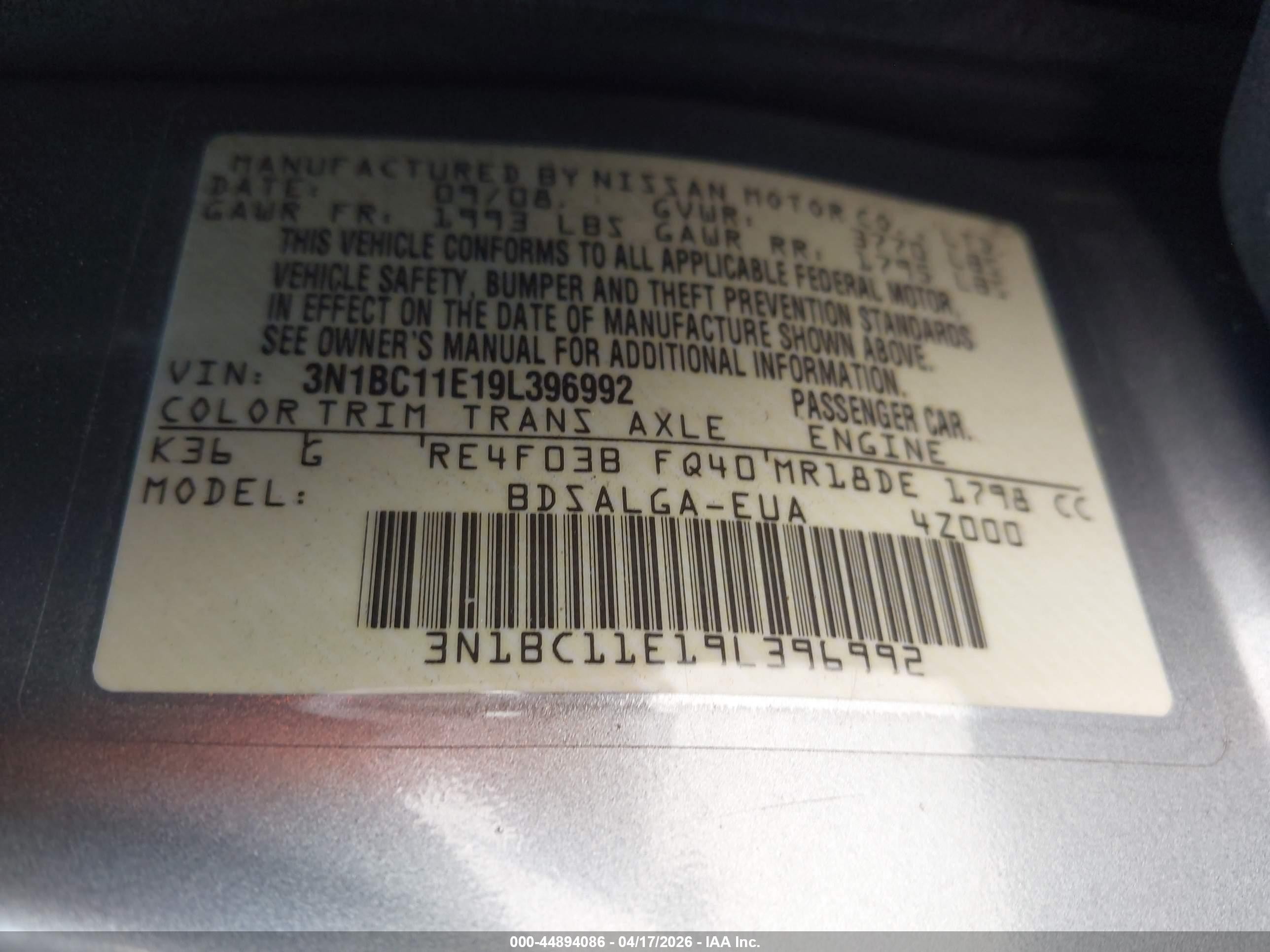 2009 Nissan Versa 1.8sl Silver vin: 3N1BC11E19L396992