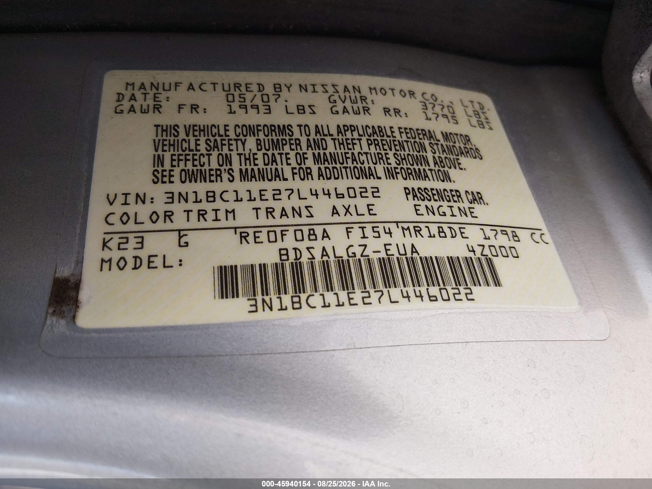 2007 Nissan Versa 1.8sl Silver vin: 3N1BC11E27L446022