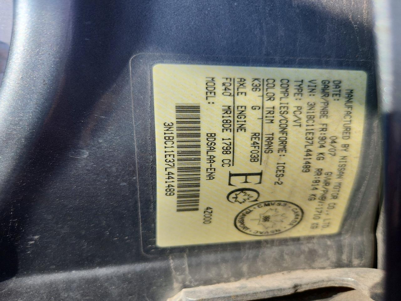 2007 Nissan Versa S Gray vin: 3N1BC11E37L441489