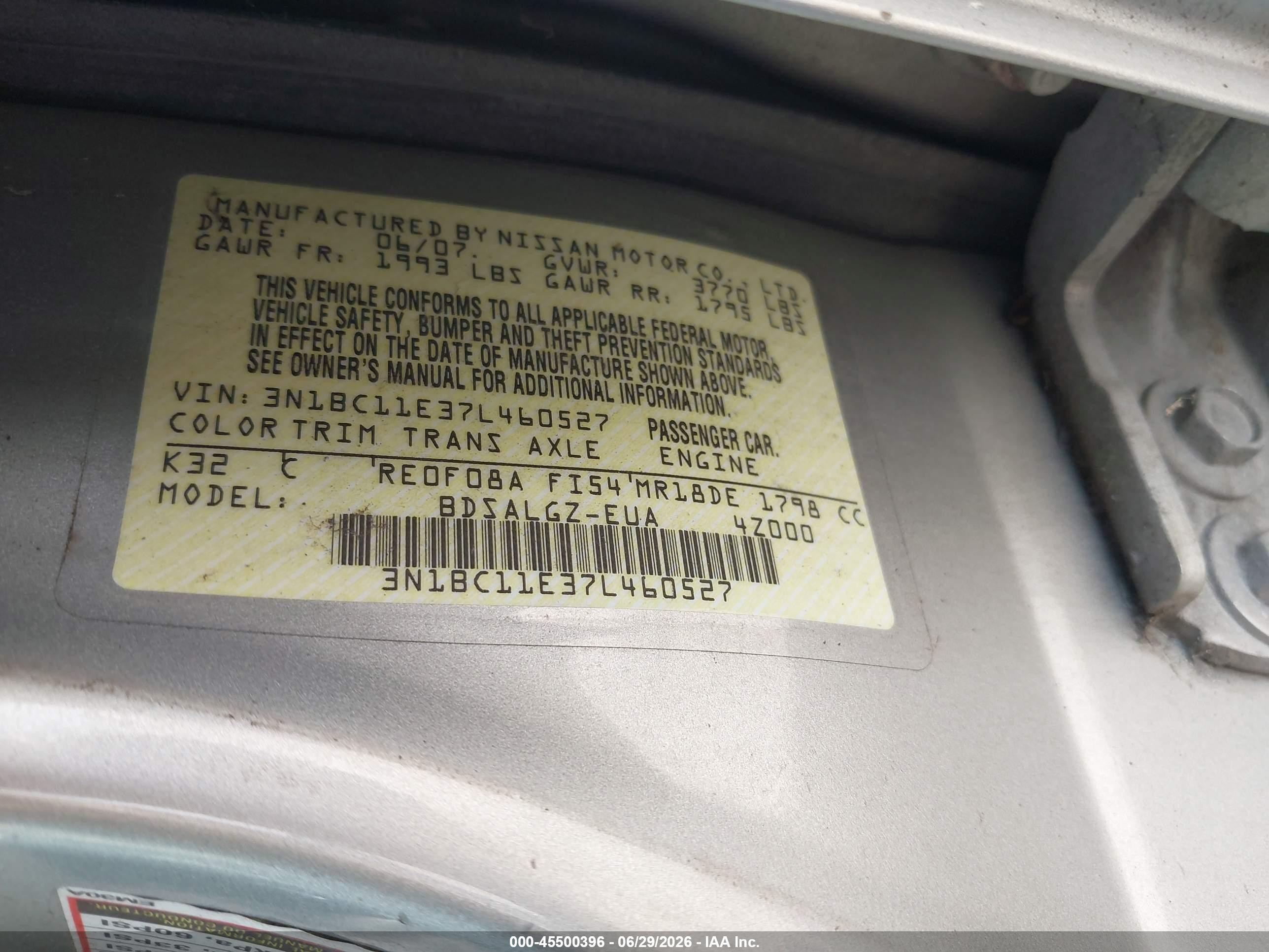 2007 Nissan Versa 1.8sl Silver vin: 3N1BC11E37L460527