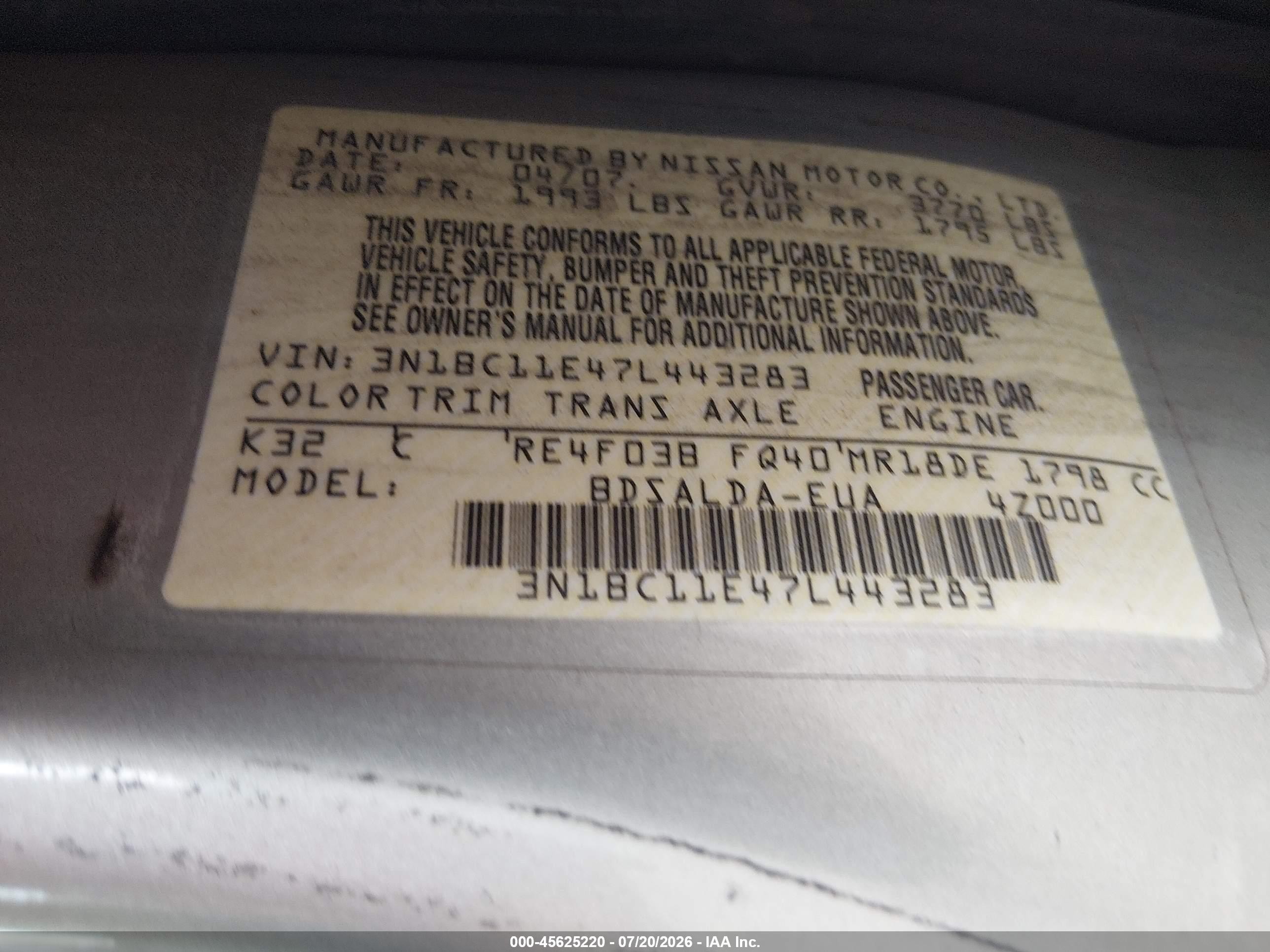 2007 Nissan Versa 1.8s Champagne vin: 3N1BC11E47L443283