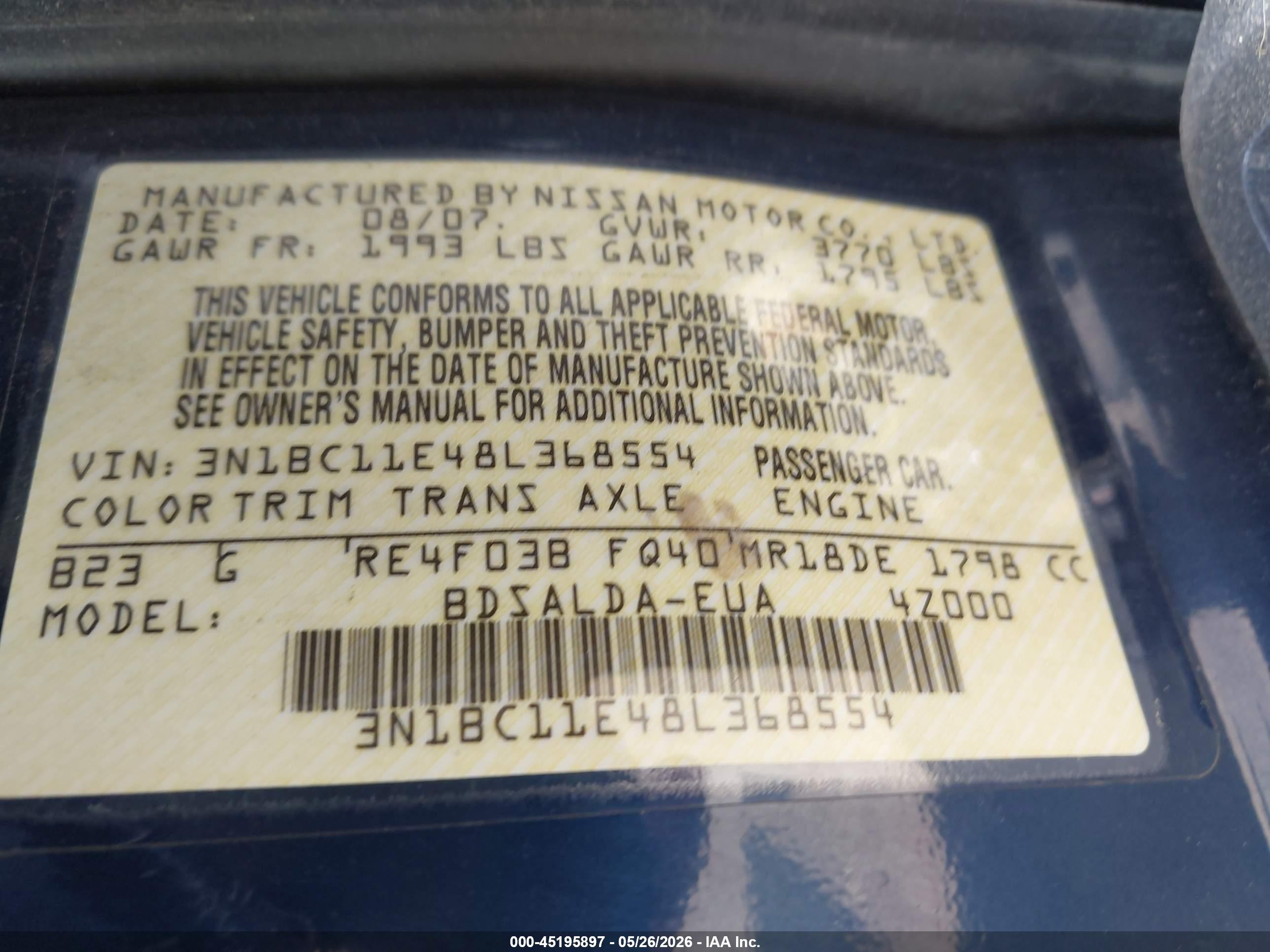2008 Nissan Versa 1.8s Blue vin: 3N1BC11E48L368554