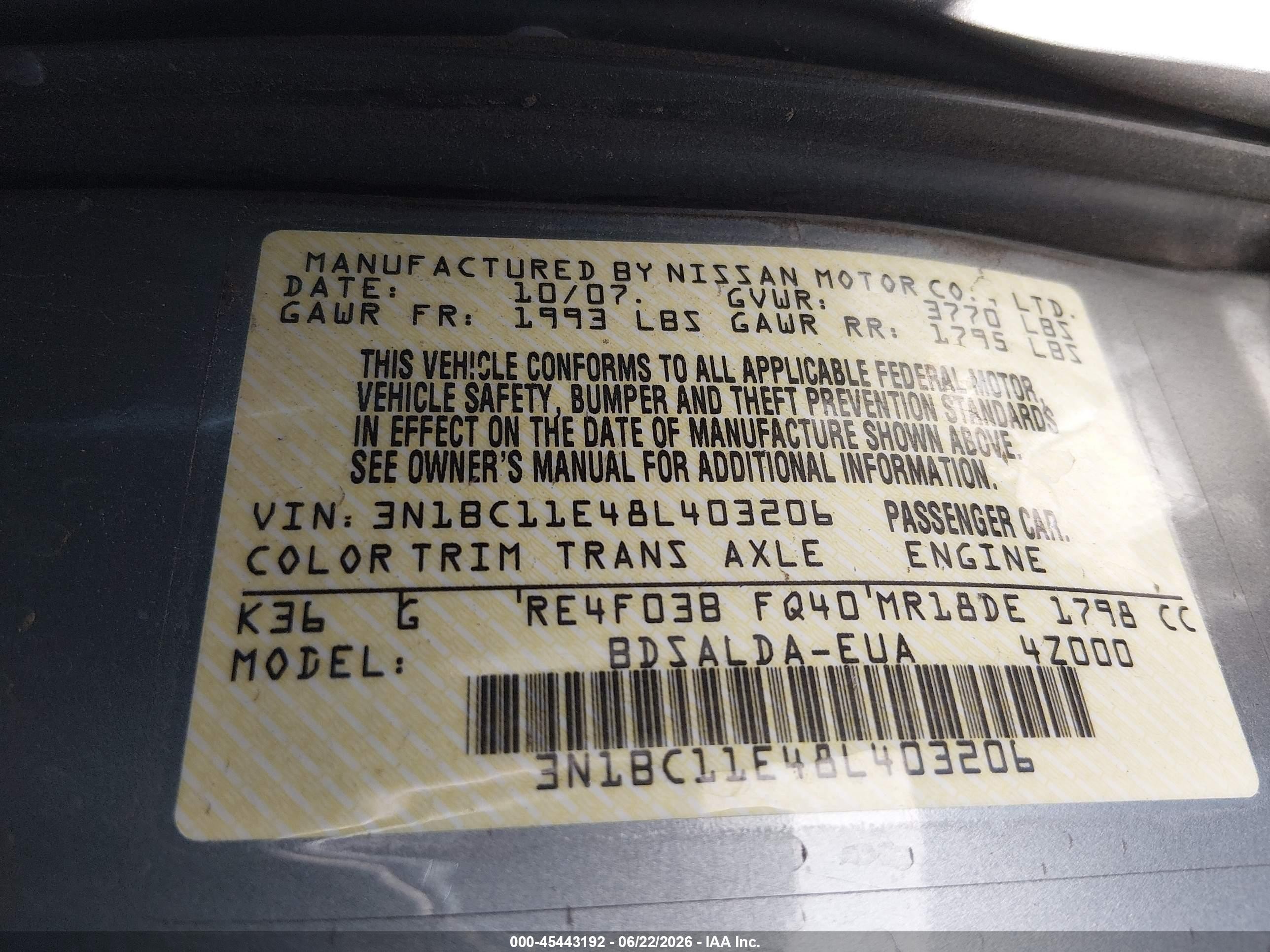 2008 Nissan Versa 1.8 S Gray vin: 3N1BC11E48L403206