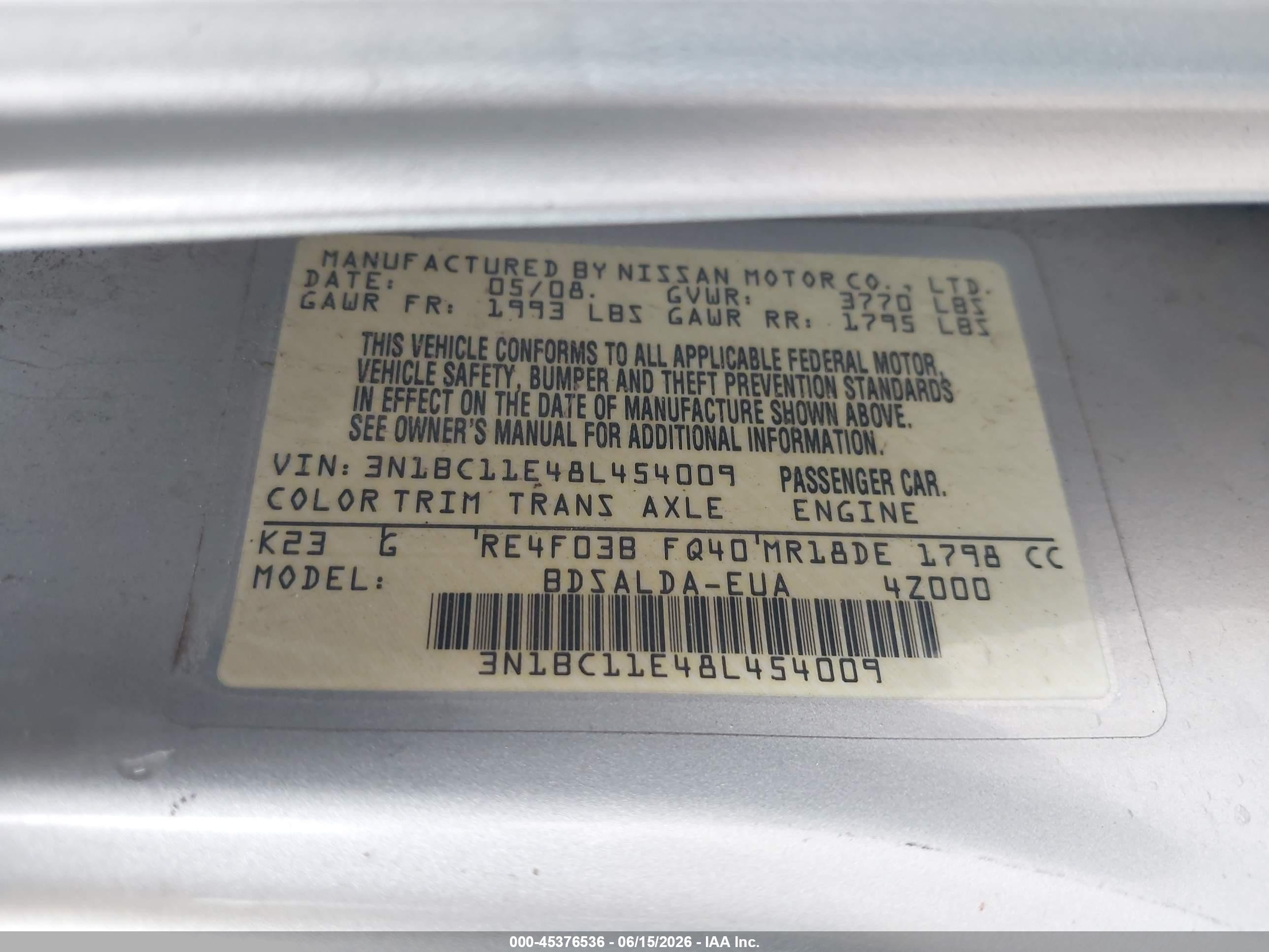 2008 Nissan Versa 1.8 S Серебряный vin: 3N1BC11E48L454009