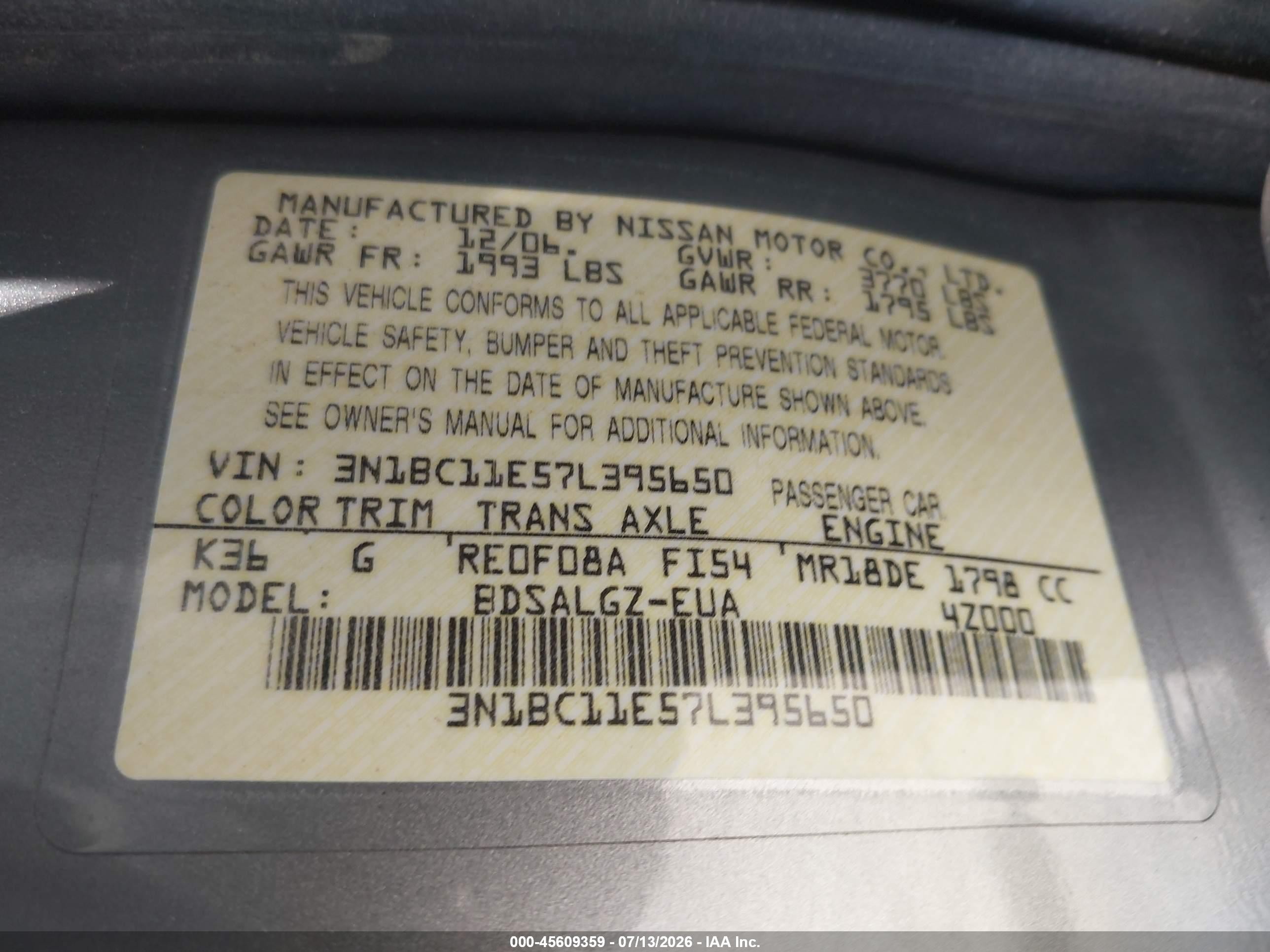 2007 Nissan Versa 1.8sl Silver vin: 3N1BC11E57L395650