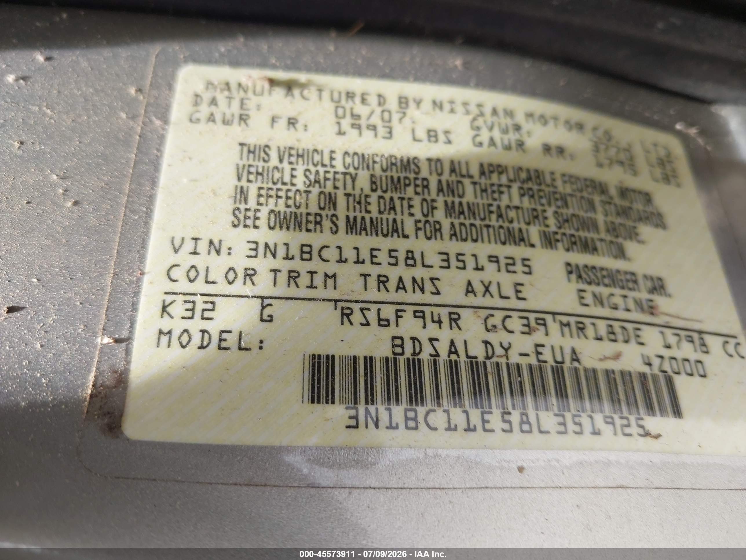 2008 Nissan Versa 1.8 S Gold vin: 3N1BC11E58L351925