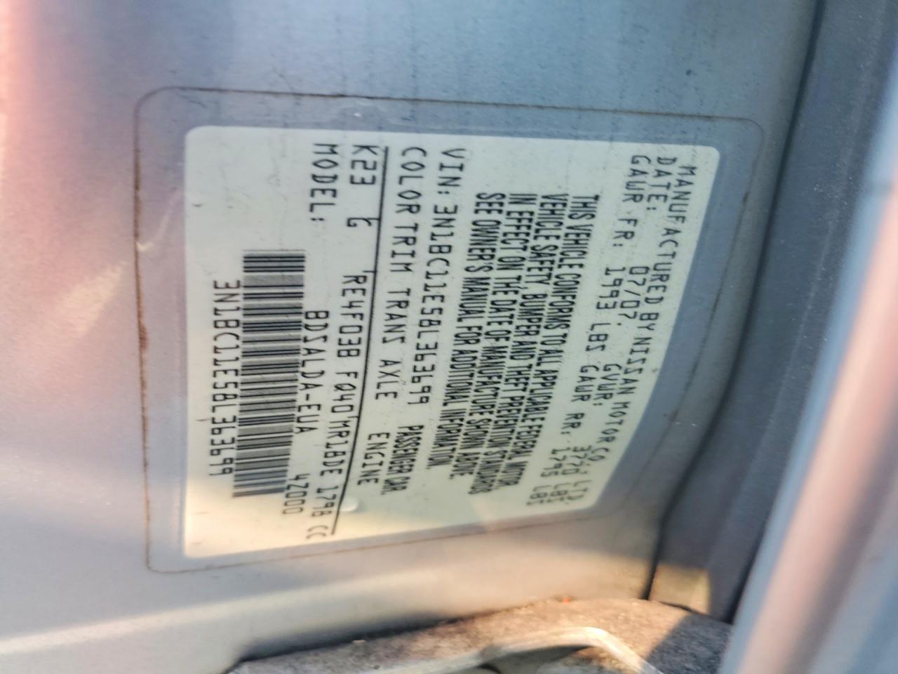 2008 Nissan Versa 1.8 S Gray vin: 3N1BC11E58L363699
