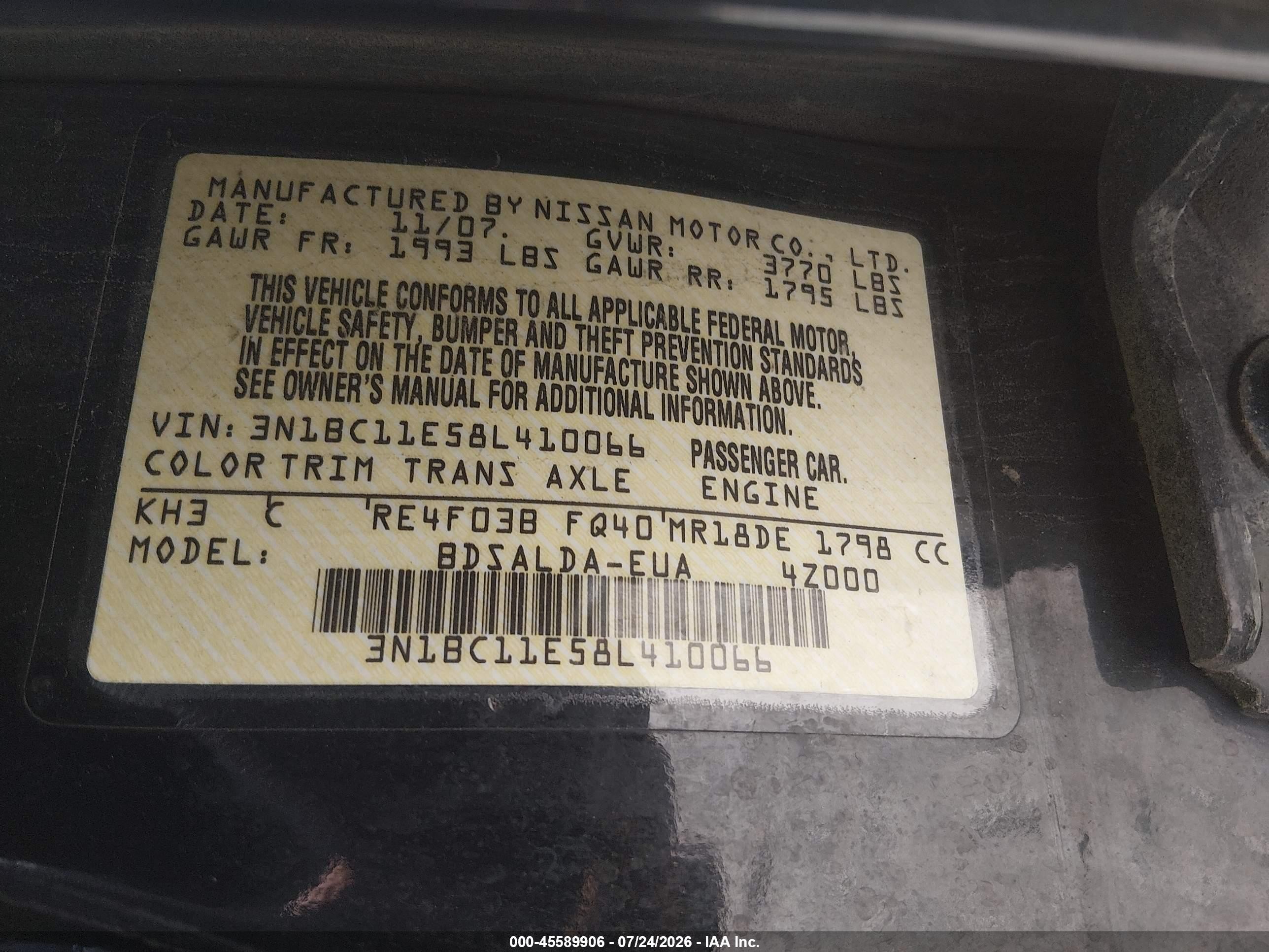 2008 Nissan Versa 1.8 S Black vin: 3N1BC11E58L410066