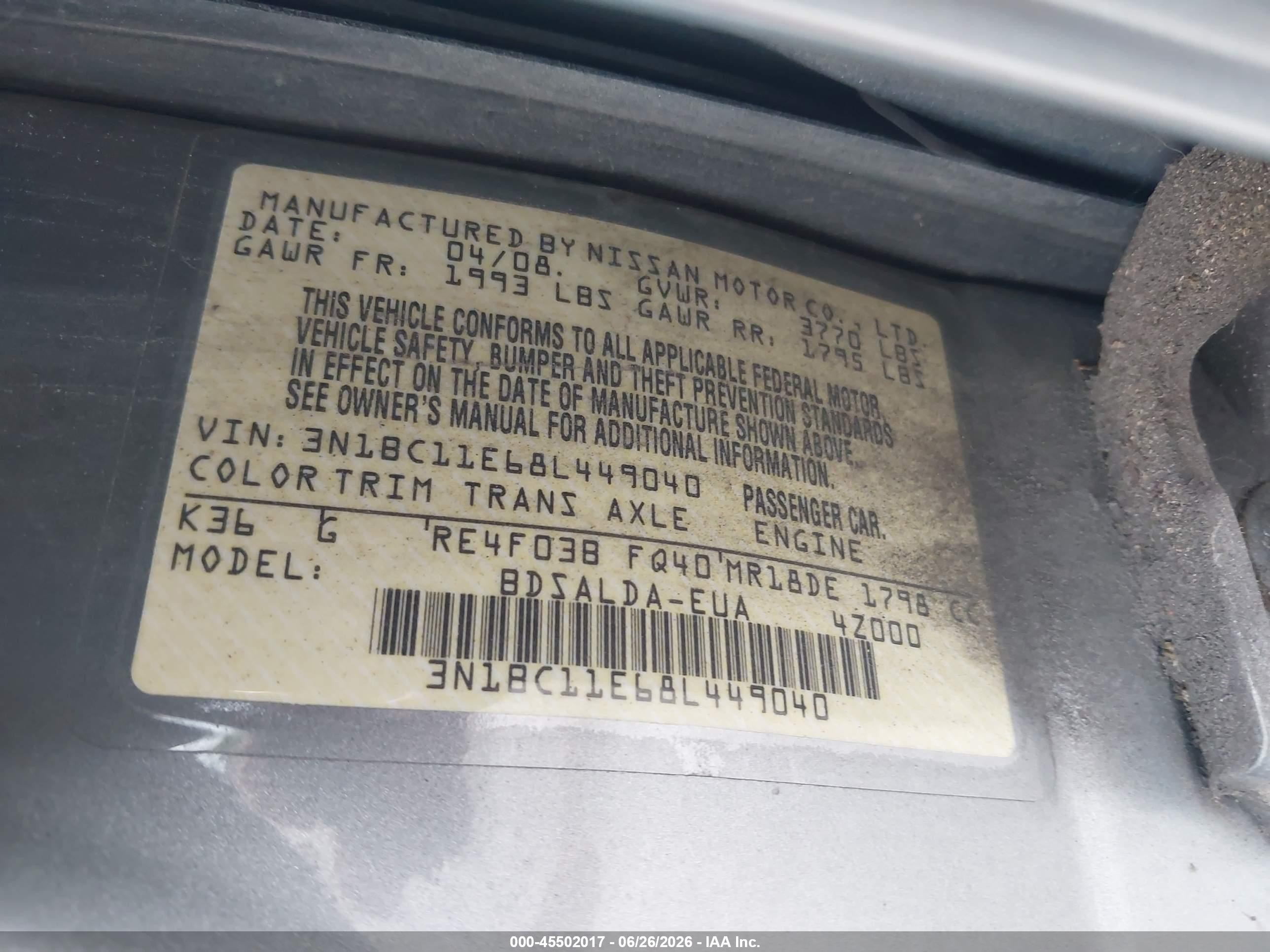 2008 Nissan Versa 1.8 S Silver vin: 3N1BC11E68L449040