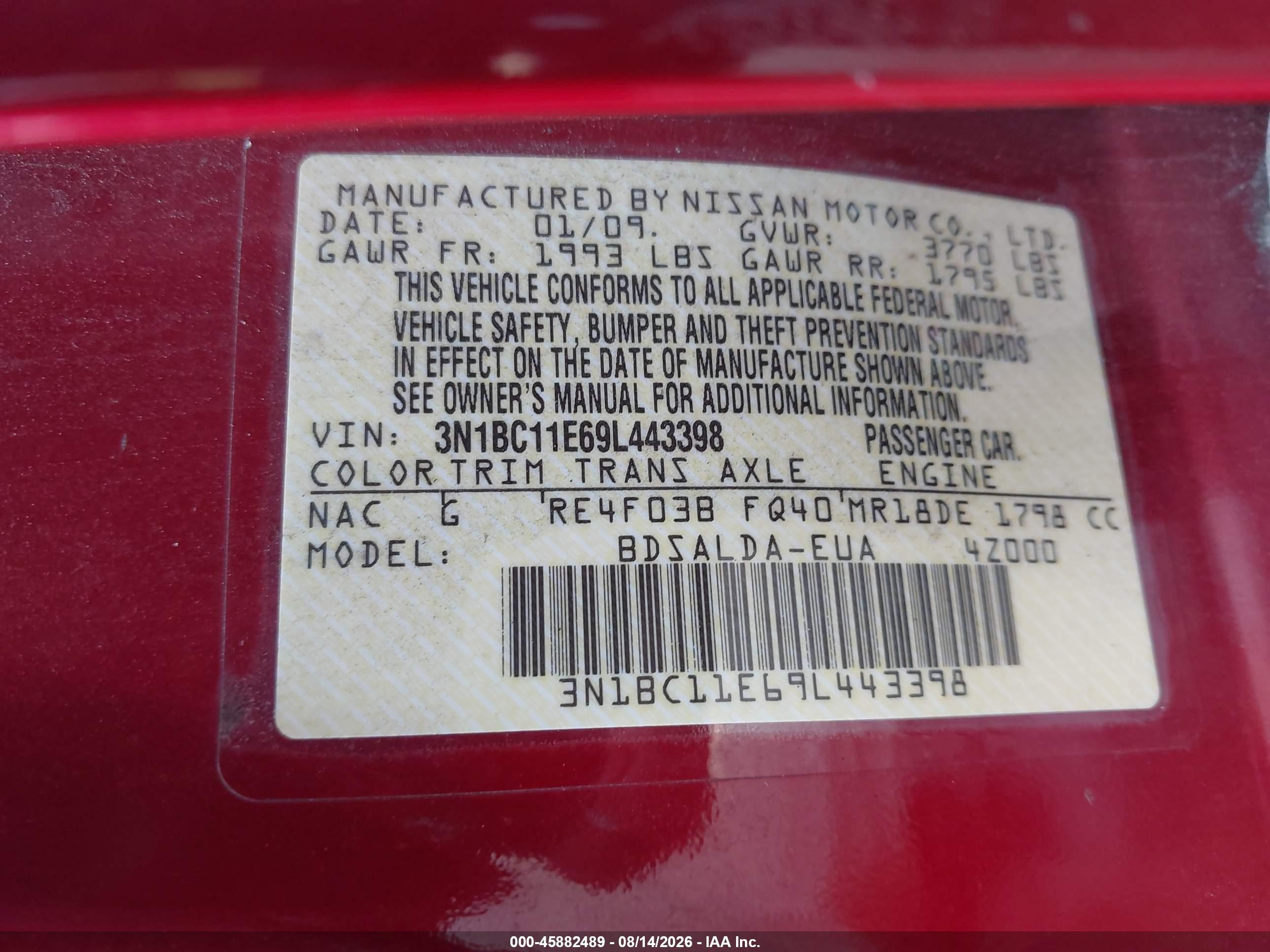 2009 Nissan Versa 1.8s Red vin: 3N1BC11E69L443398