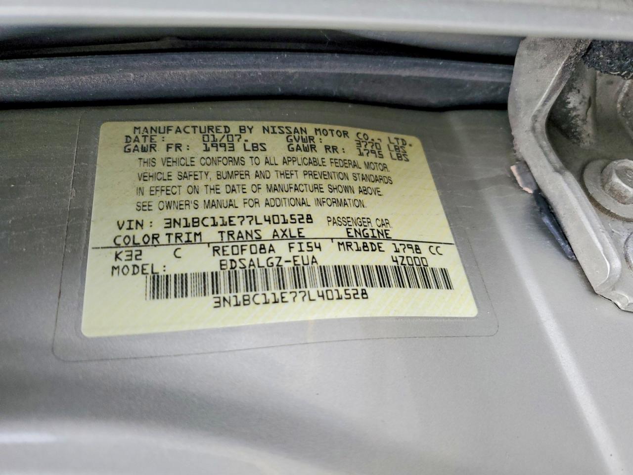2007 Nissan Versa 1.8 S Beige vin: 3N1BC11E77L401528