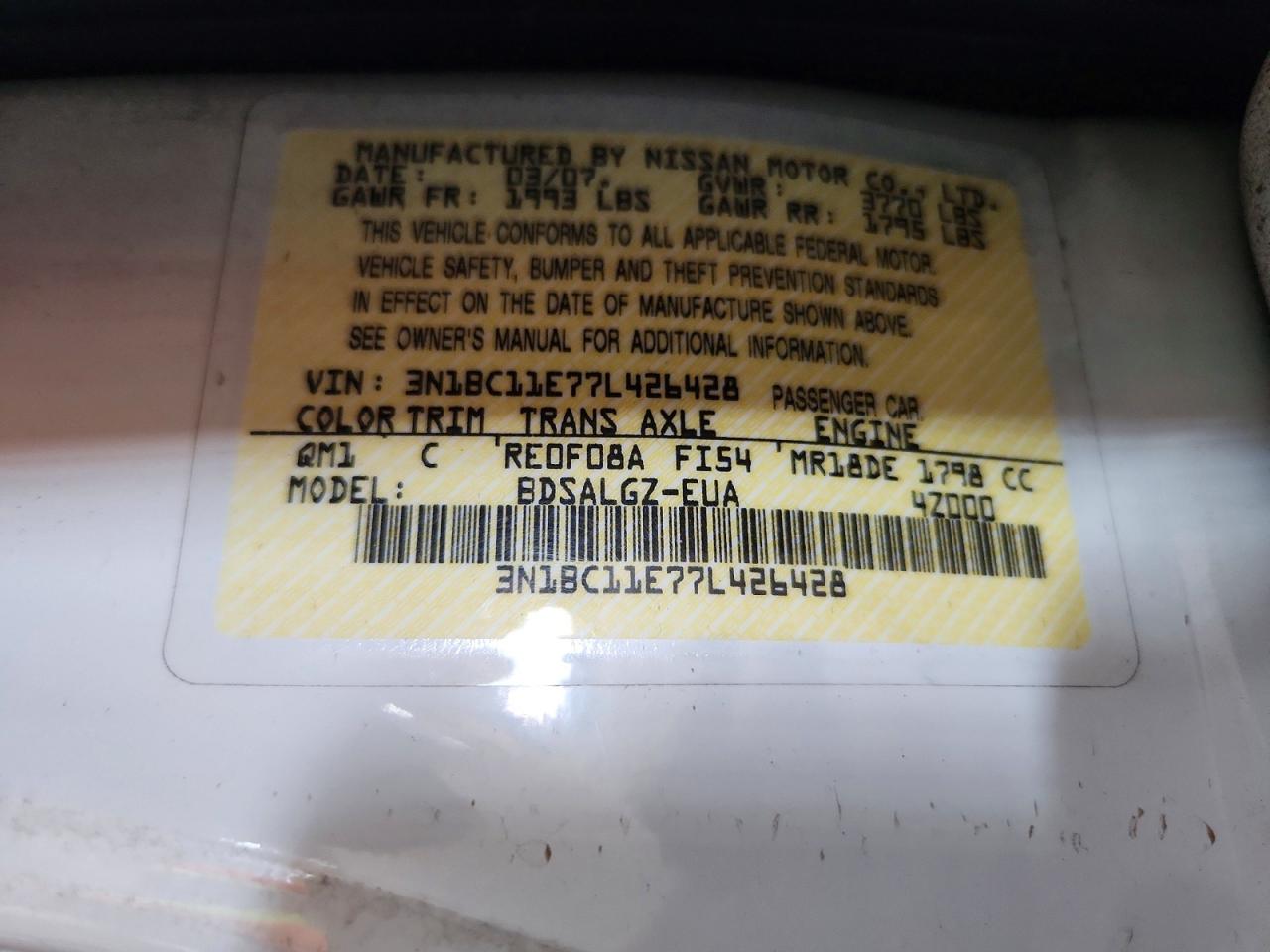 2007 Nissan Versa 1.8 S White vin: 3N1BC11E77L426428