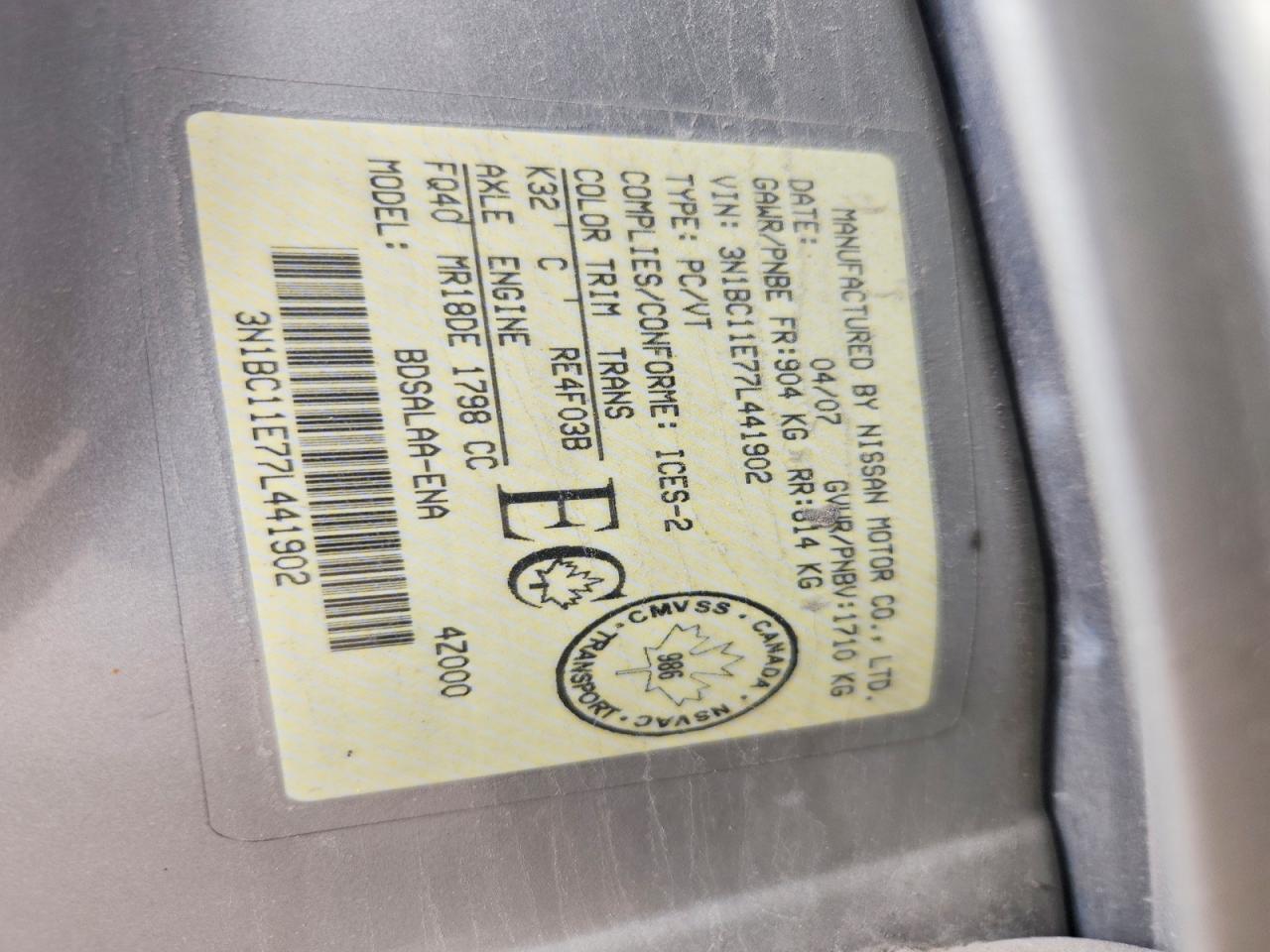 2007 Nissan Versa 1.8 S Beige vin: 3N1BC11E77L441902