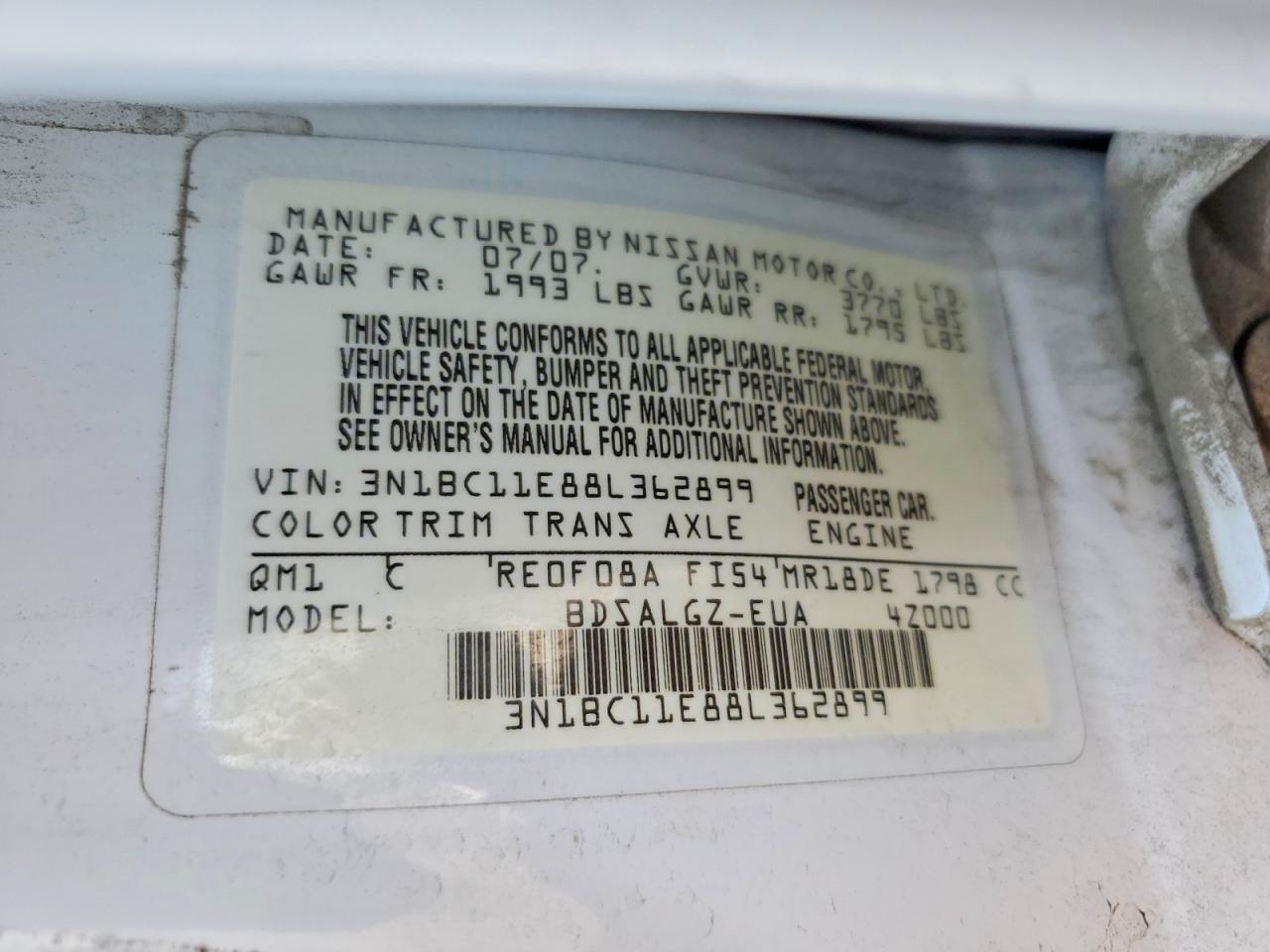 2008 Nissan Versa 1.8 S Белый vin: 3N1BC11E88L362899