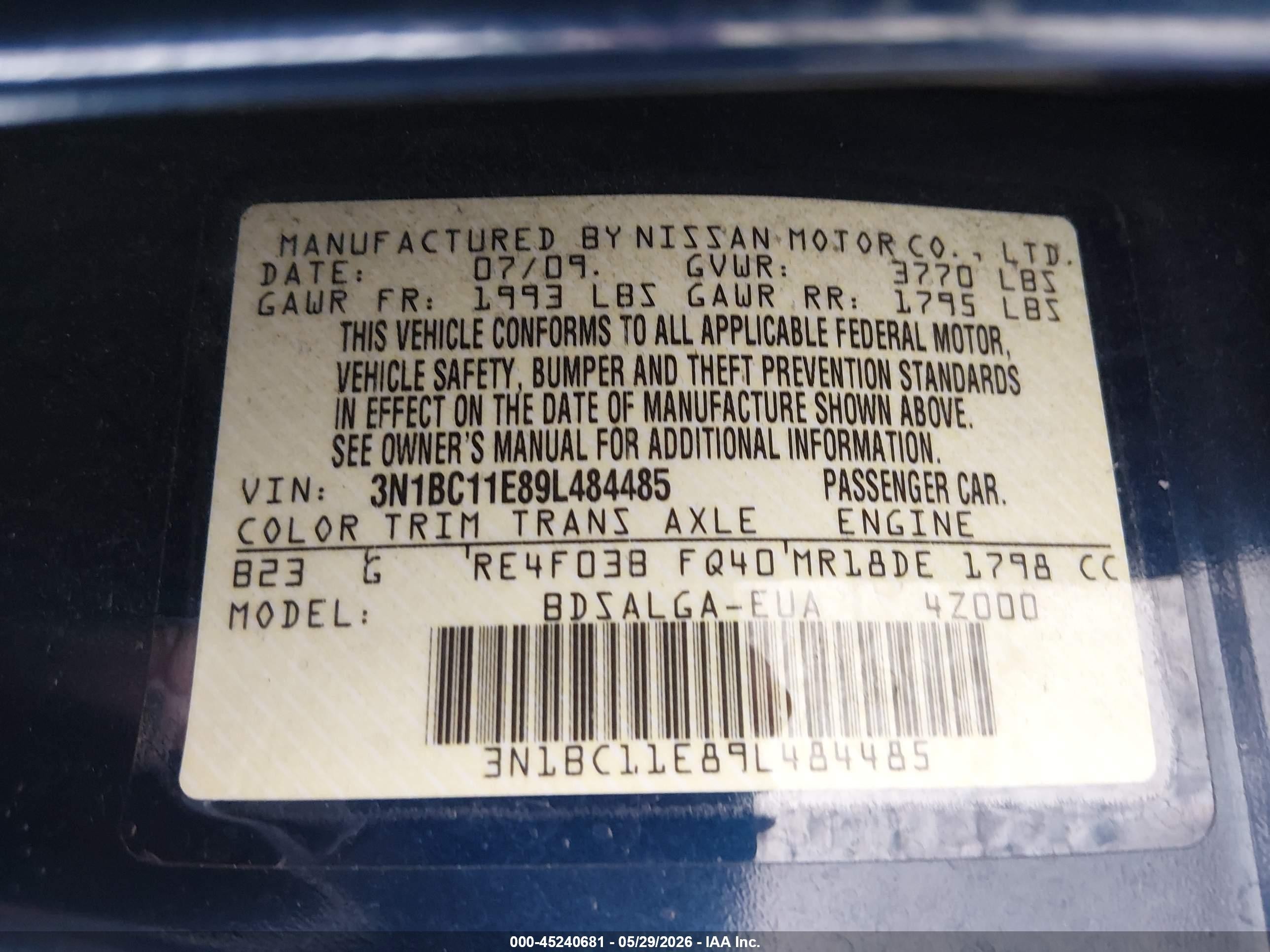 2009 Nissan Versa 1.8sl Blue vin: 3N1BC11E89L484485