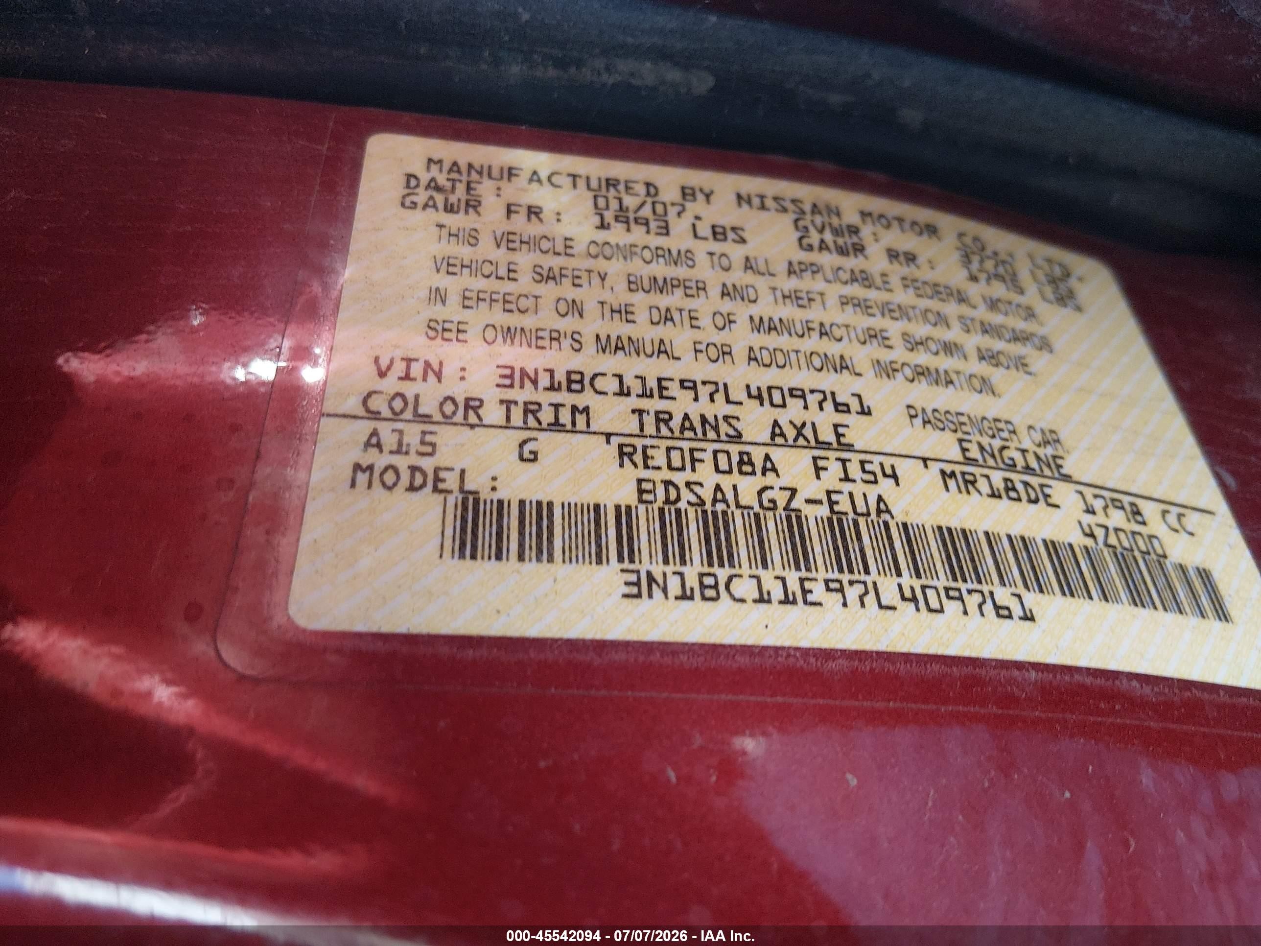 2007 Nissan Versa 1.8sl Maroon vin: 3N1BC11E97L409761