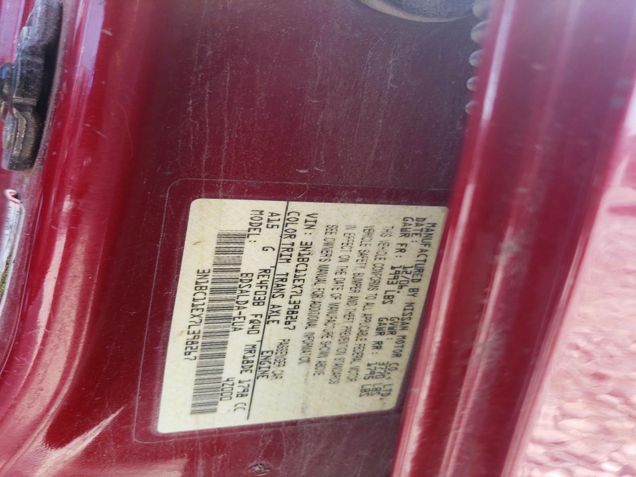 2007 Nissan Versa 1.8 S Red vin: 3N1BC11EX7L398267