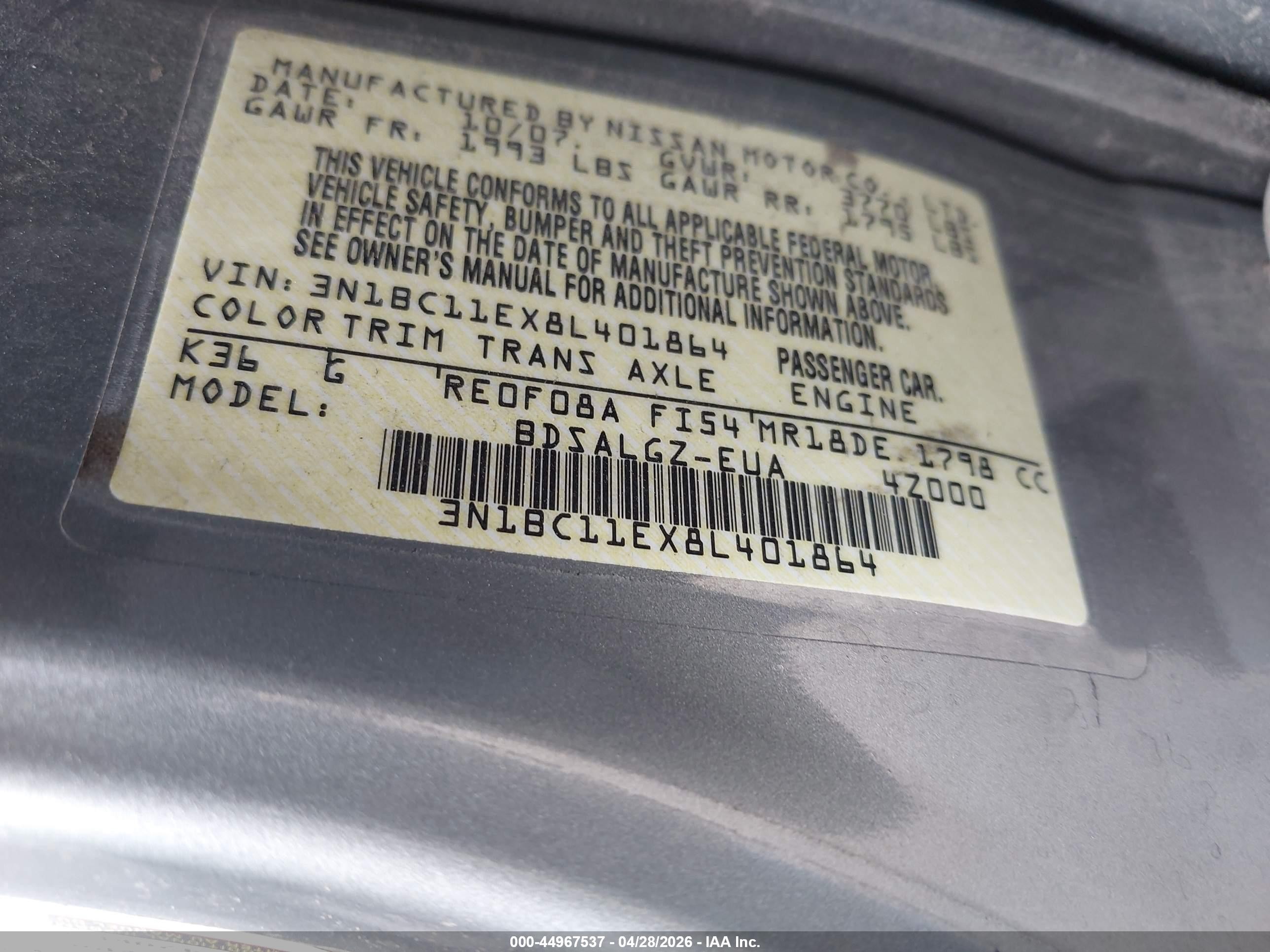 2008 Nissan Versa 1.8sl Gray vin: 3N1BC11EX8L401864