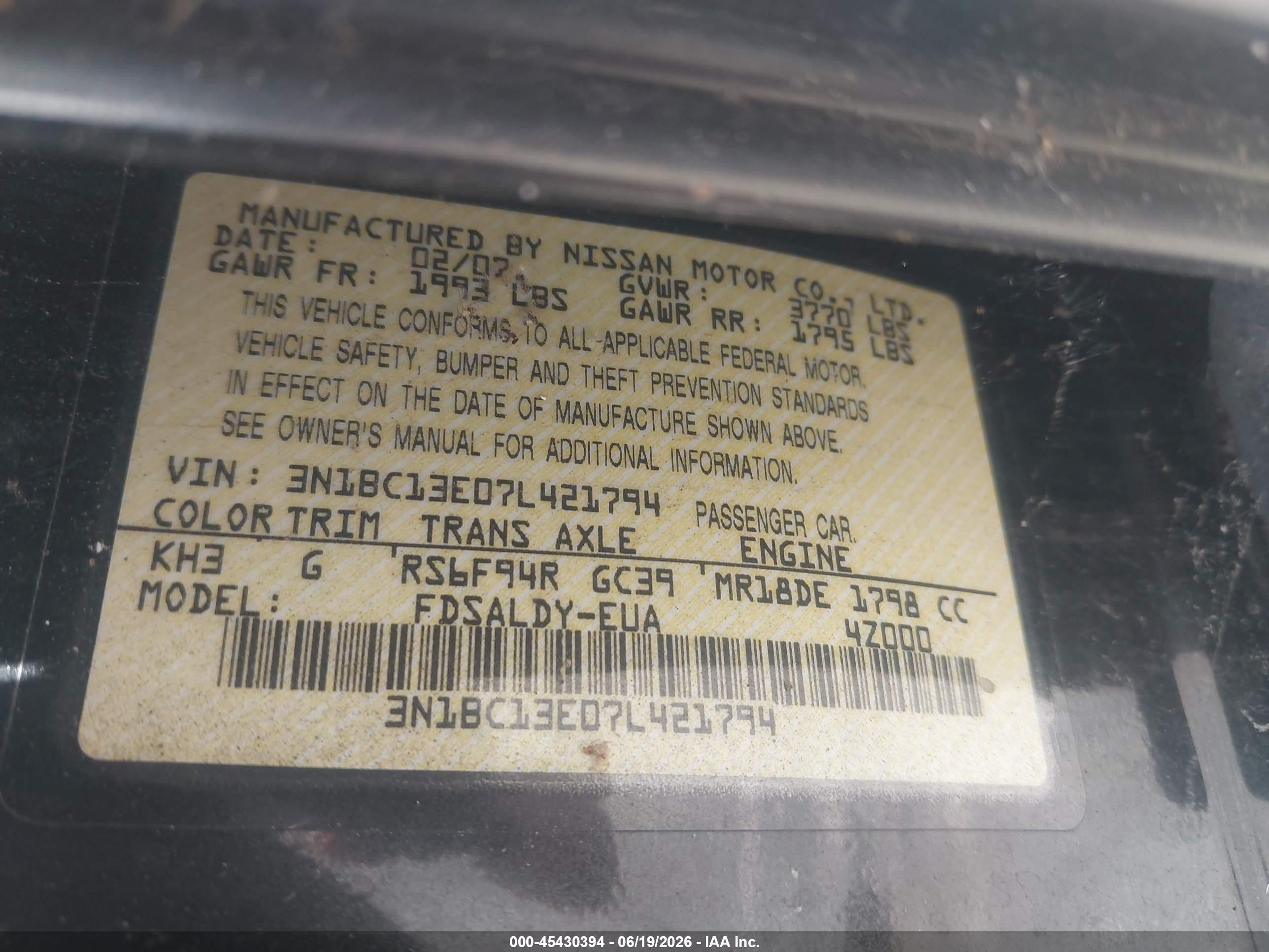 2007 Nissan Versa 1.8s Black vin: 3N1BC13E07L421794