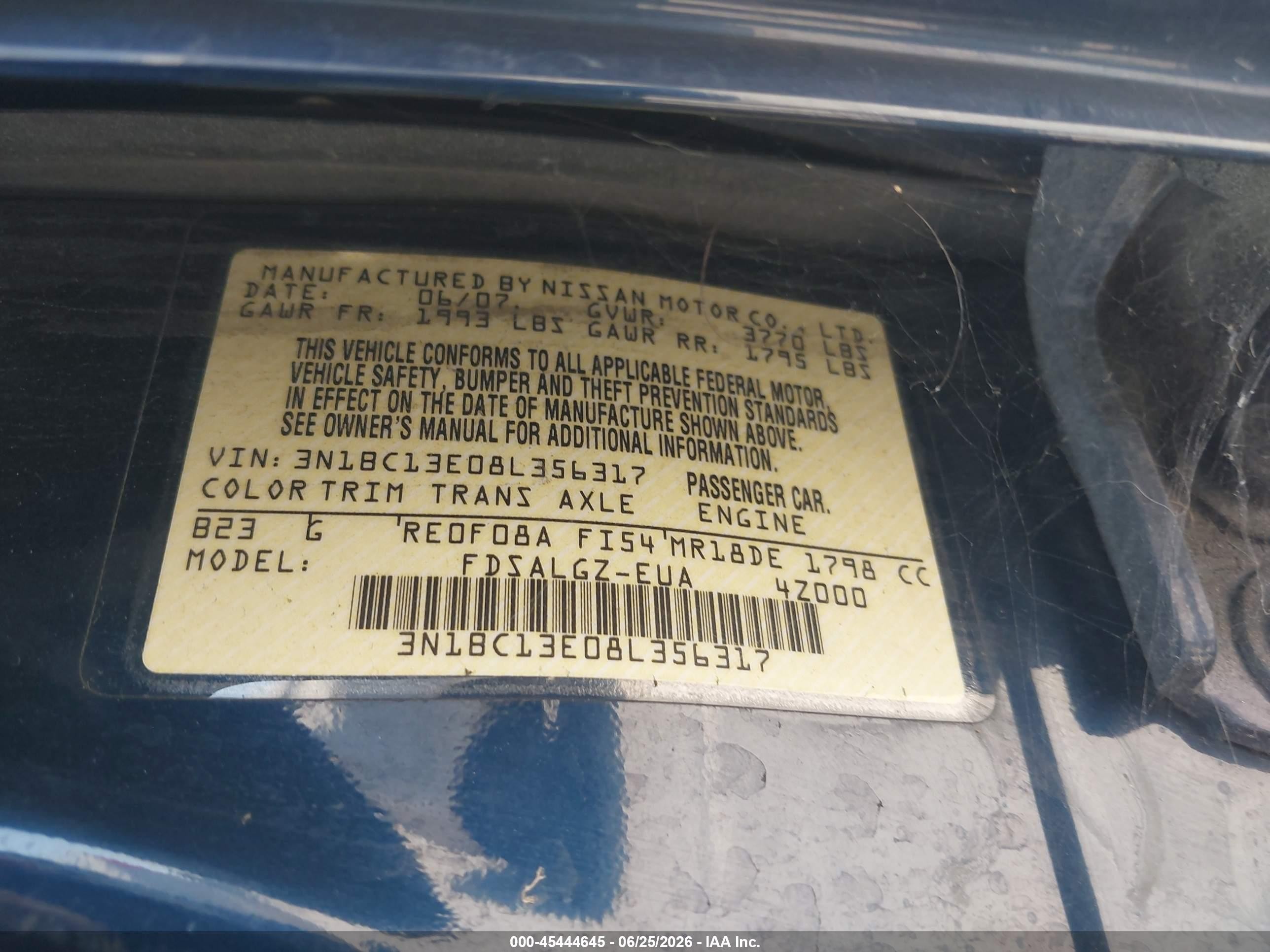 2008 Nissan Versa 1.8 Sl Blue vin: 3N1BC13E08L356317