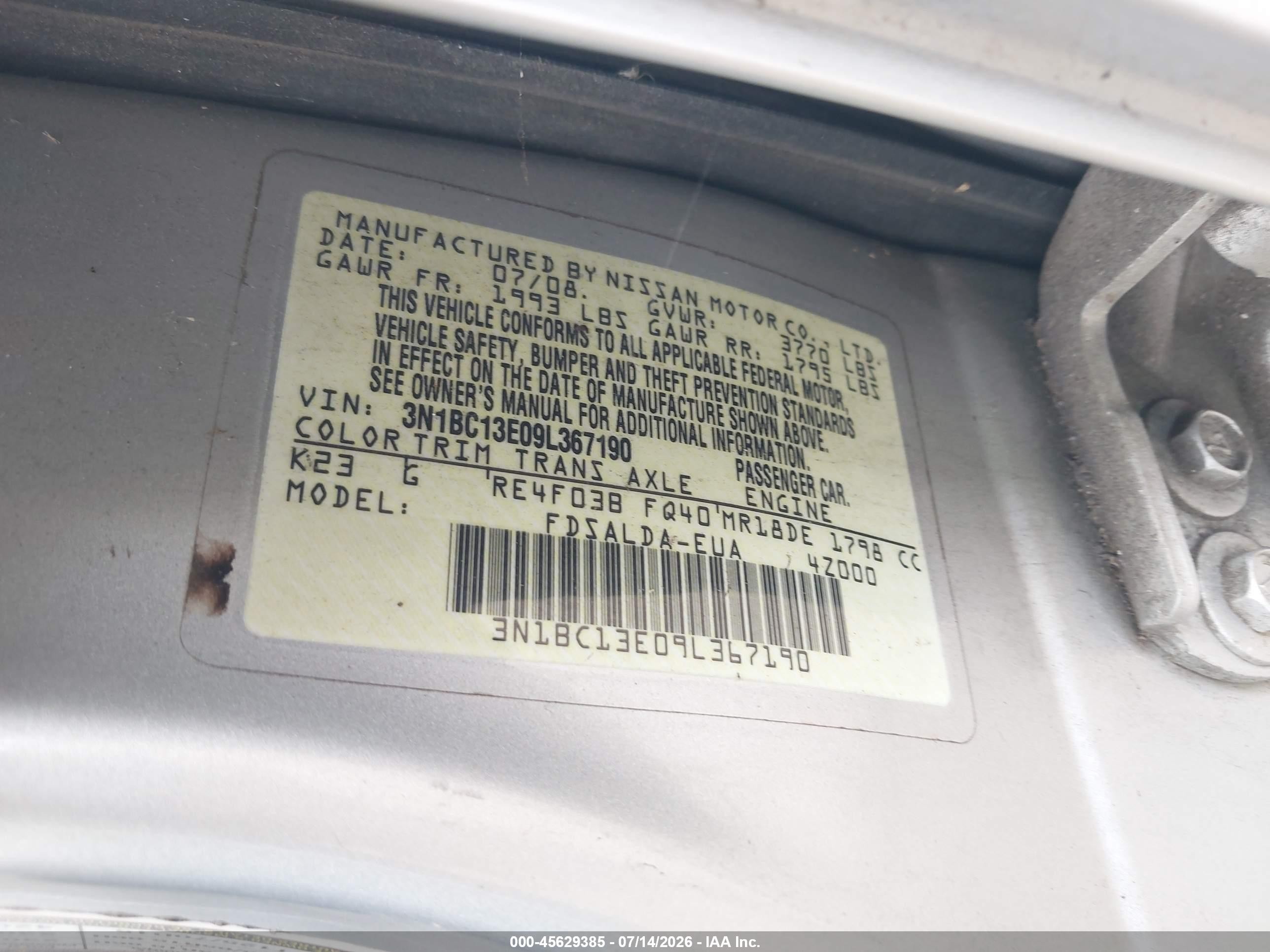 2009 Nissan Versa 1.8s Silver vin: 3N1BC13E09L367190