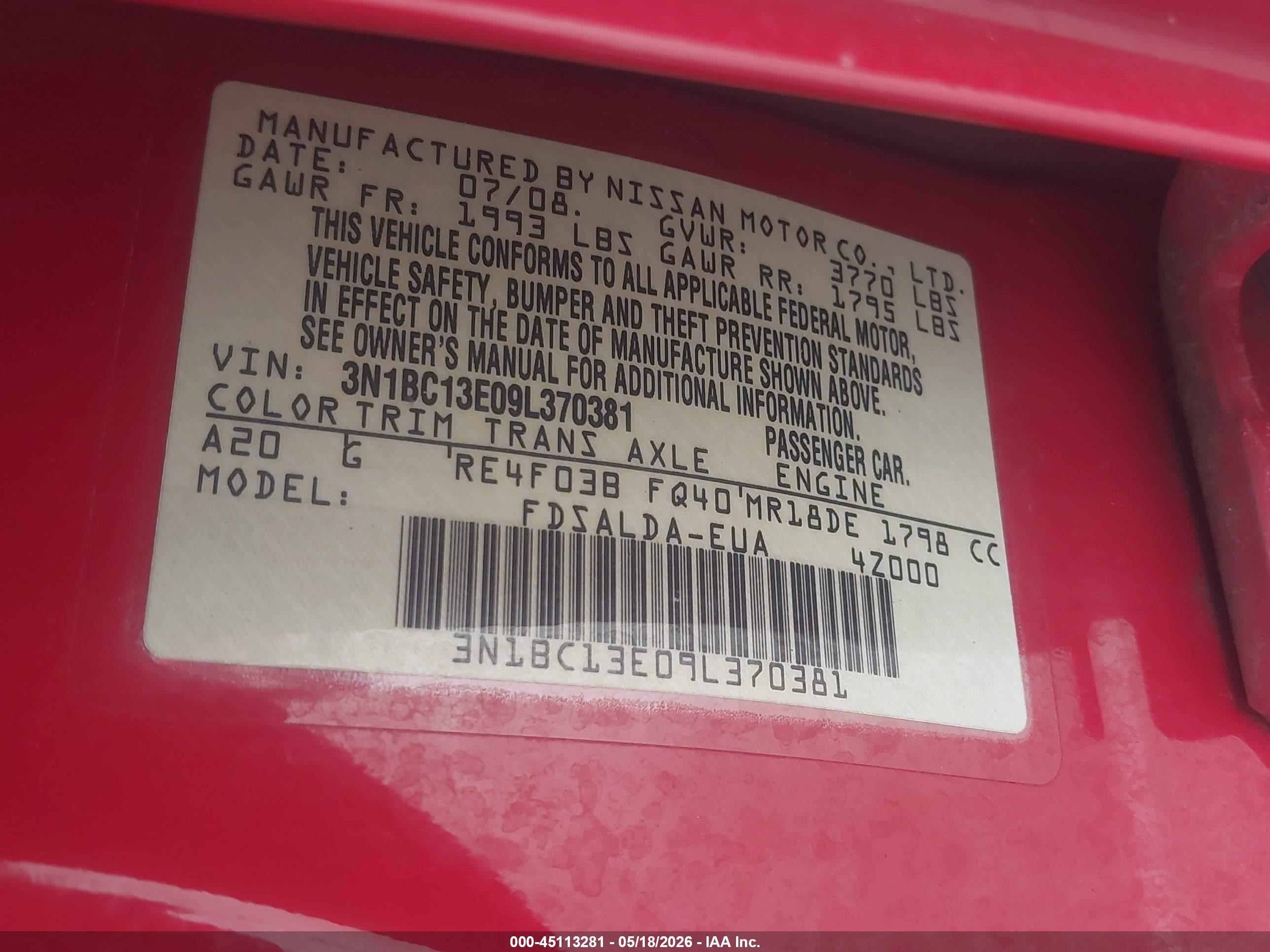2009 Nissan Versa 1.8s Red vin: 3N1BC13E09L370381