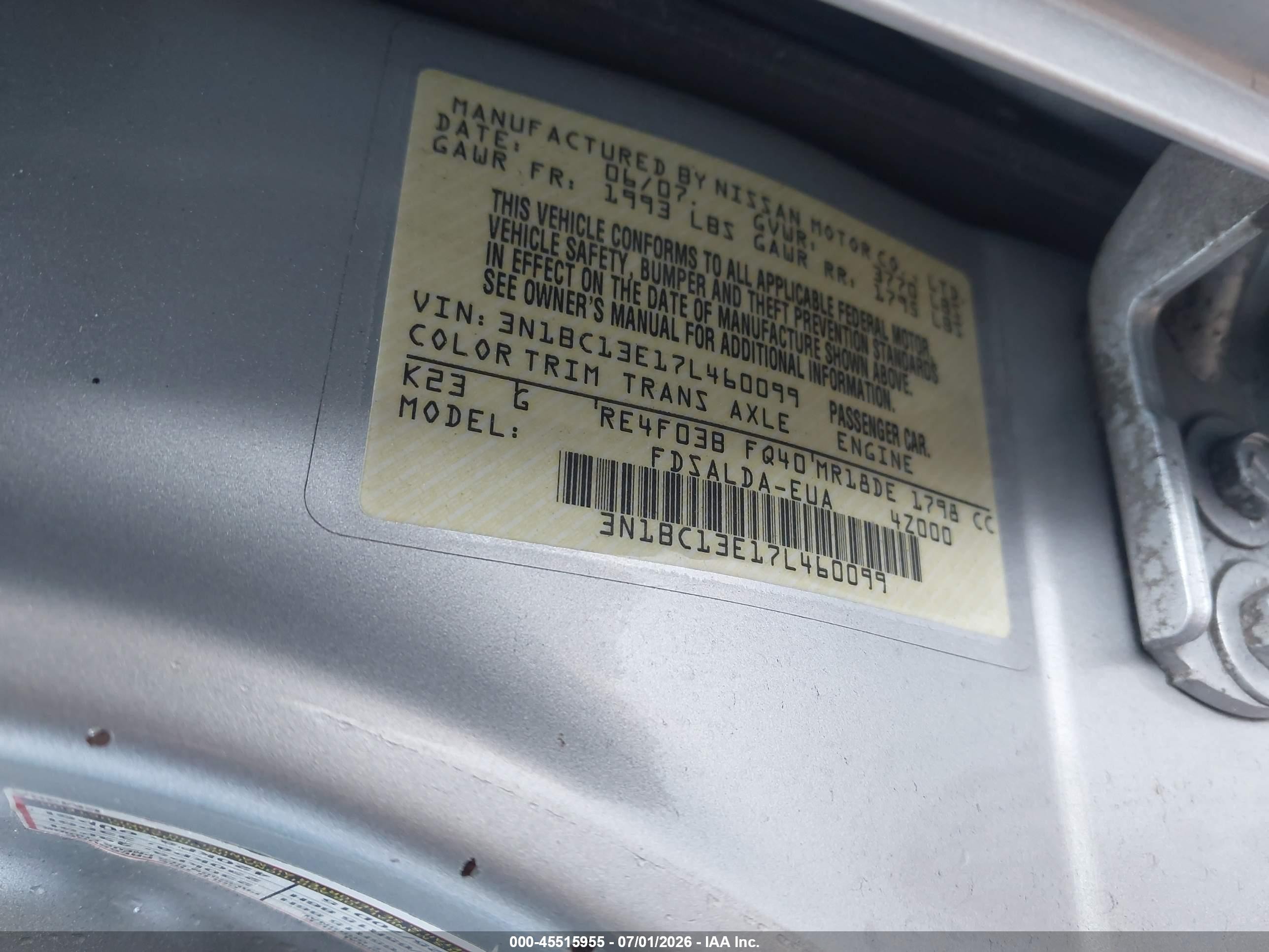 2007 Nissan Versa 1.8s Silver vin: 3N1BC13E17L460099