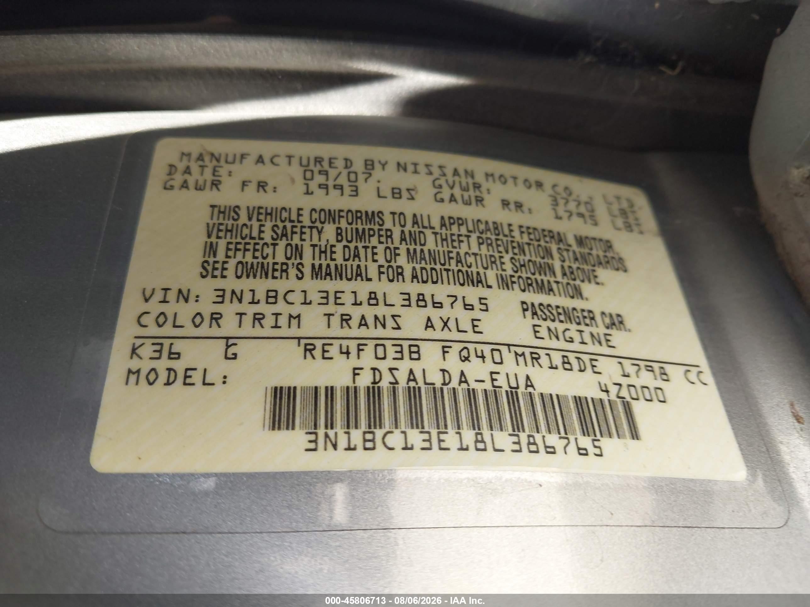 2008 Nissan Versa 1.8 S Серебряный vin: 3N1BC13E18L386765