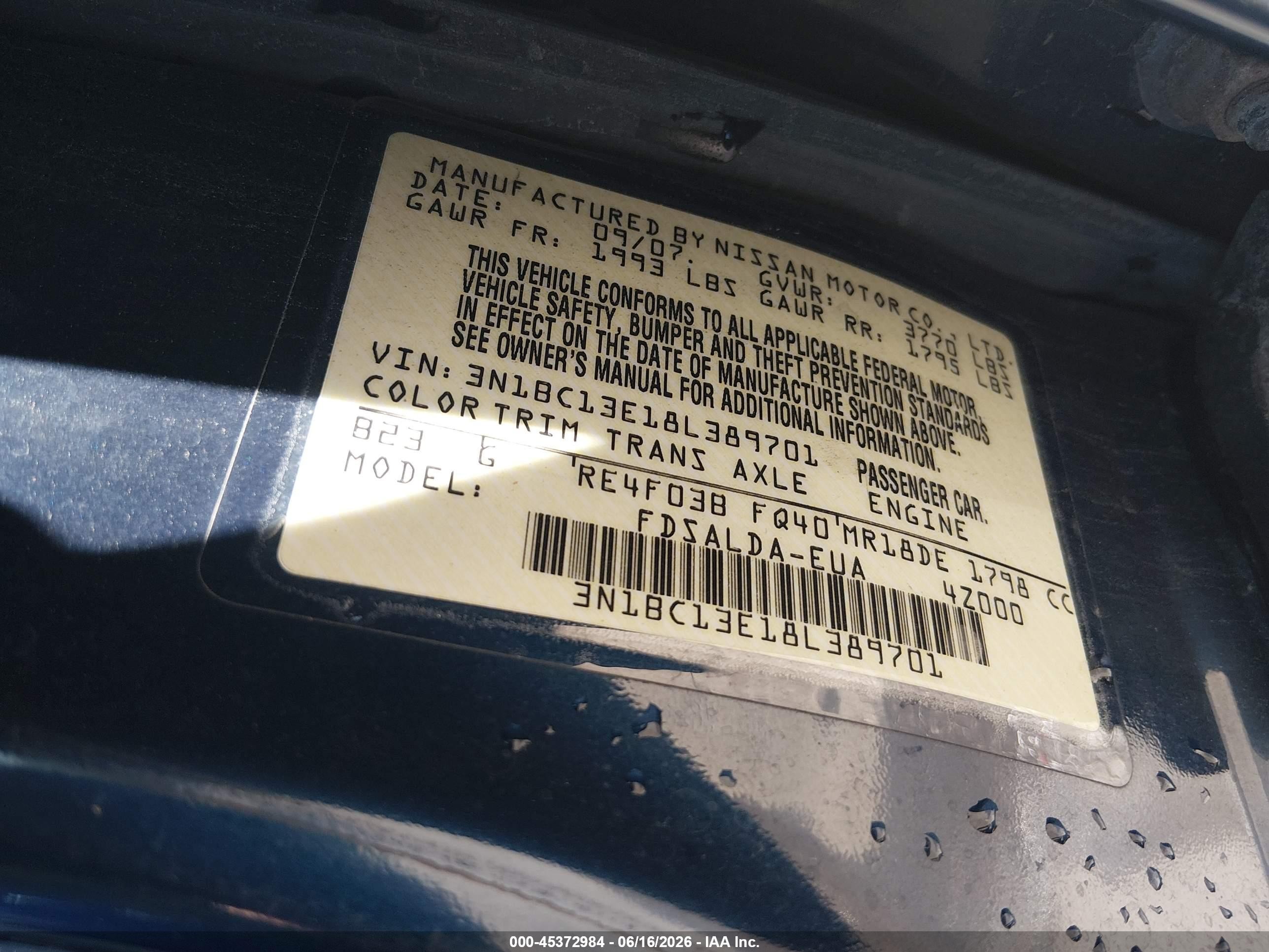 2008 Nissan Versa 1.8 S Blue vin: 3N1BC13E18L389701
