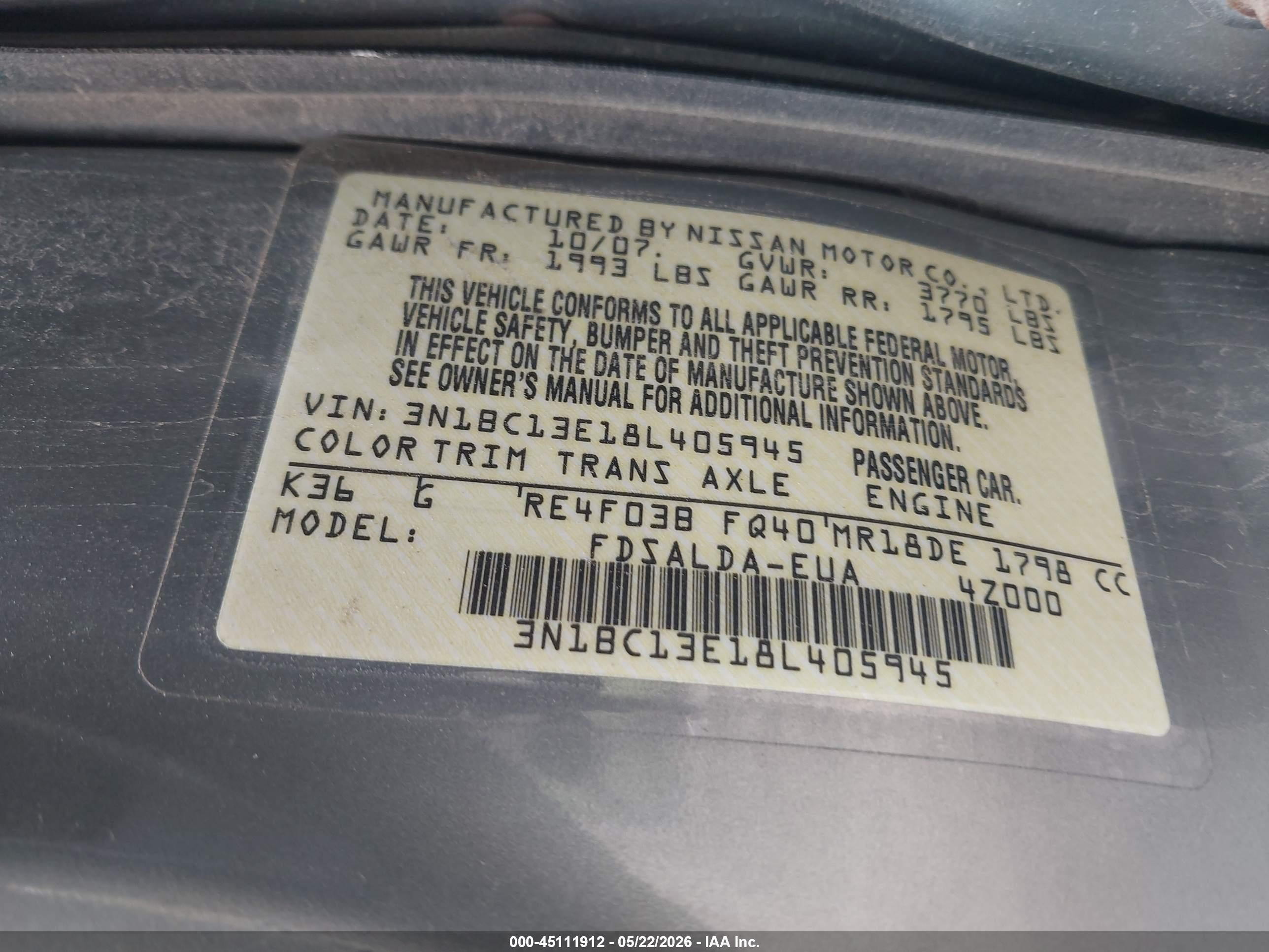 2008 Nissan Versa 1.8s Gray vin: 3N1BC13E18L405945