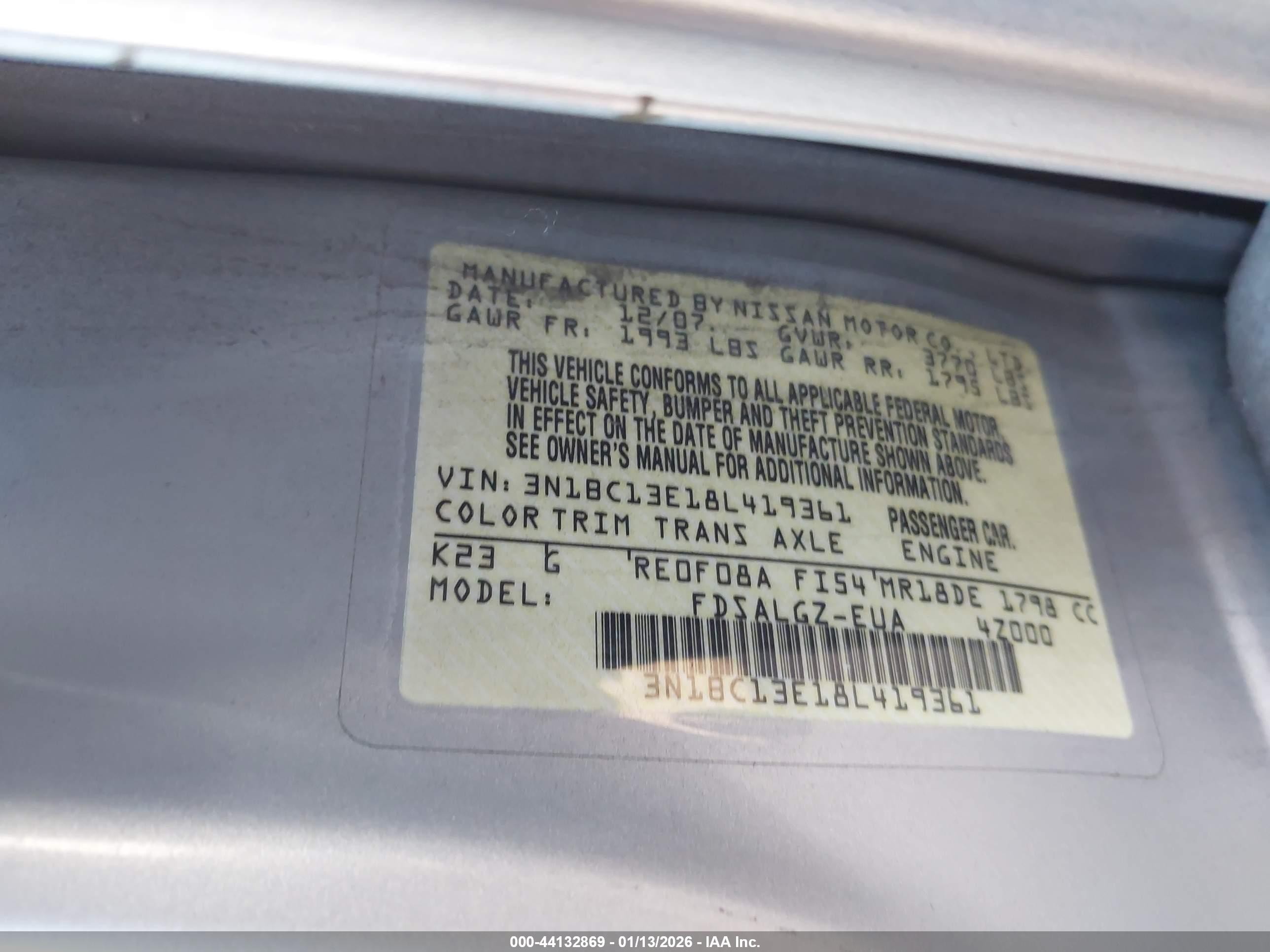 2008 Nissan Versa 1.8sl Silver vin: 3N1BC13E18L419361