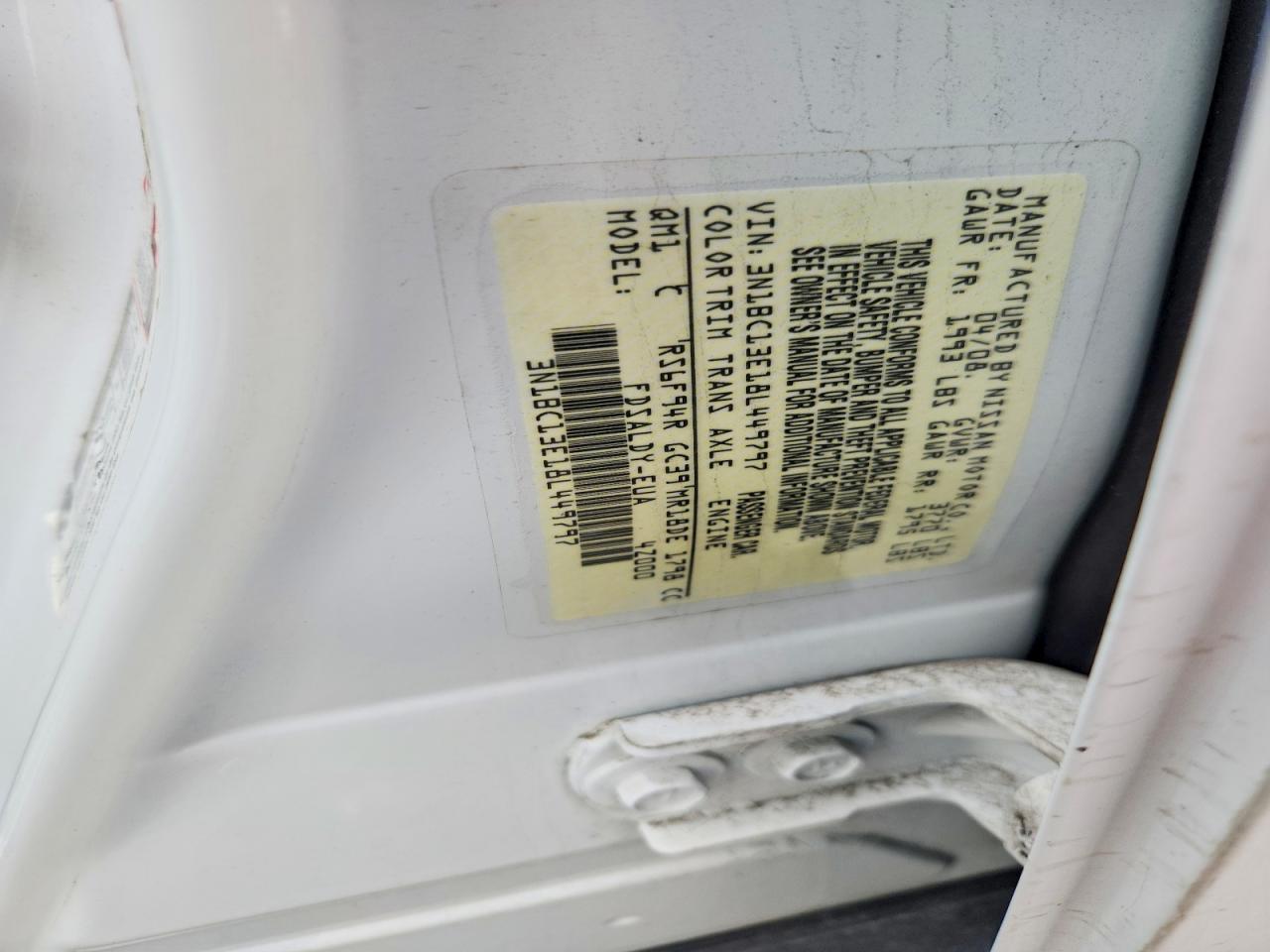 2008 Nissan Versa 1.8 S White vin: 3N1BC13E18L449797