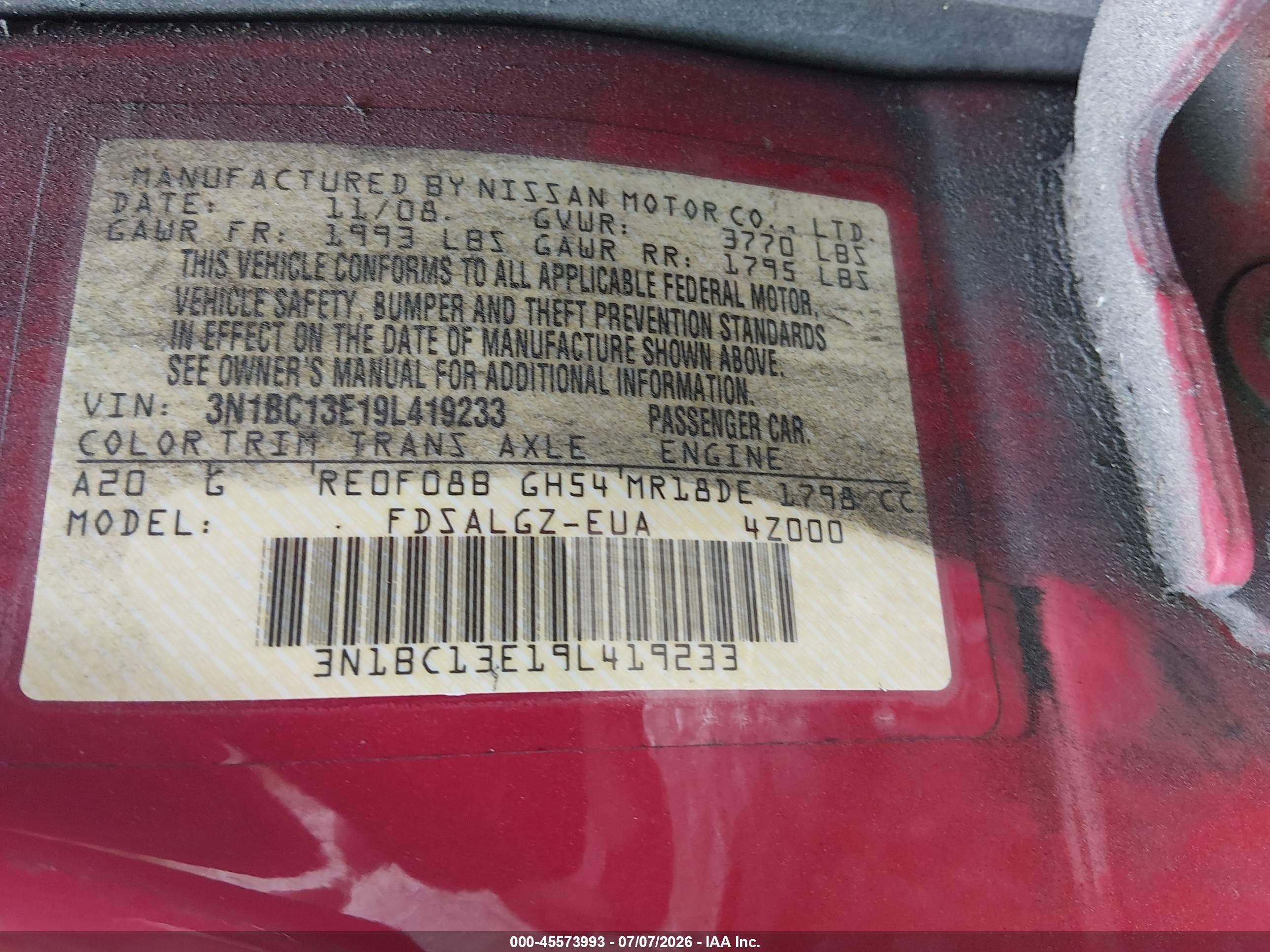 2009 Nissan Versa 1.8sl Red vin: 3N1BC13E19L419233