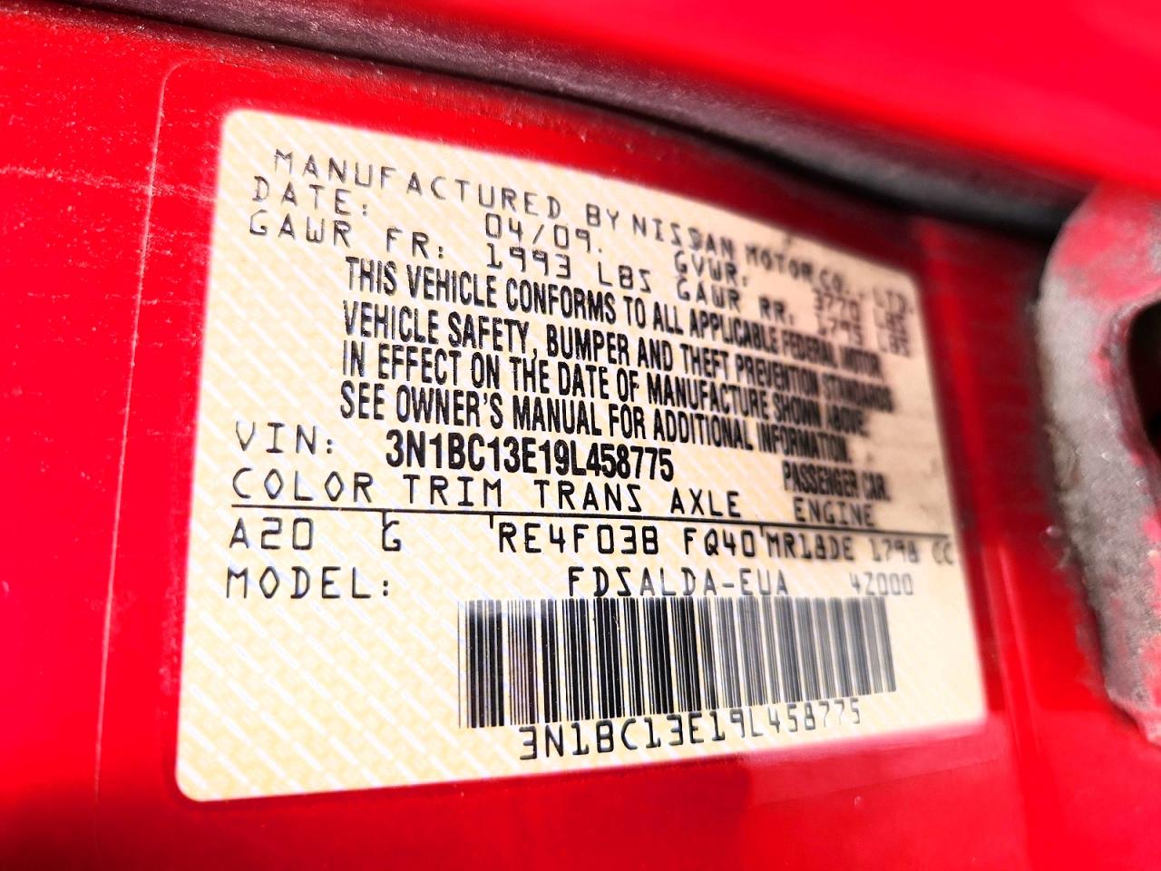 2009 Nissan Versa 1.8 S Red vin: 3N1BC13E19L458775