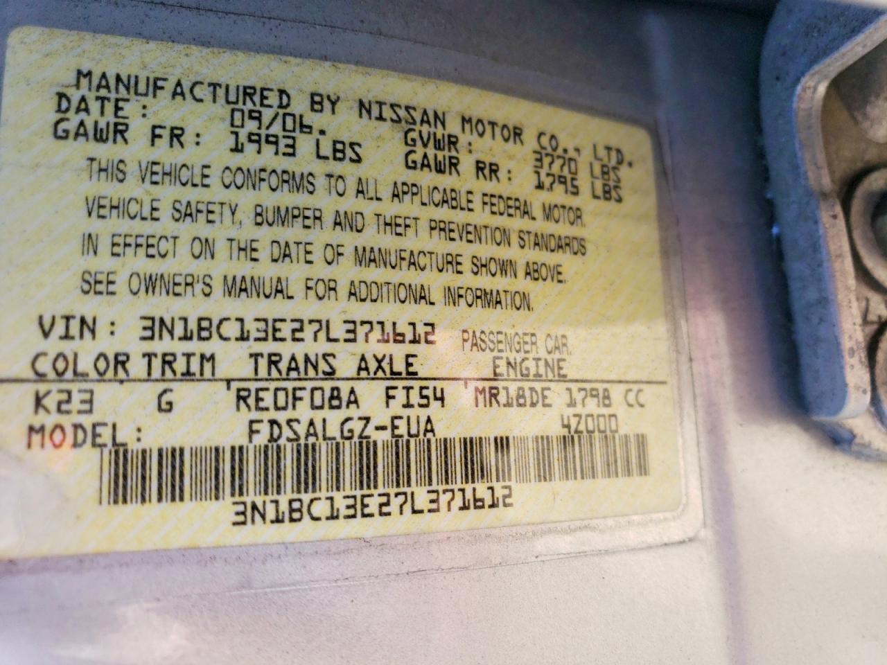 2007 Nissan Versa 1.8 S Silver vin: 3N1BC13E27L371612