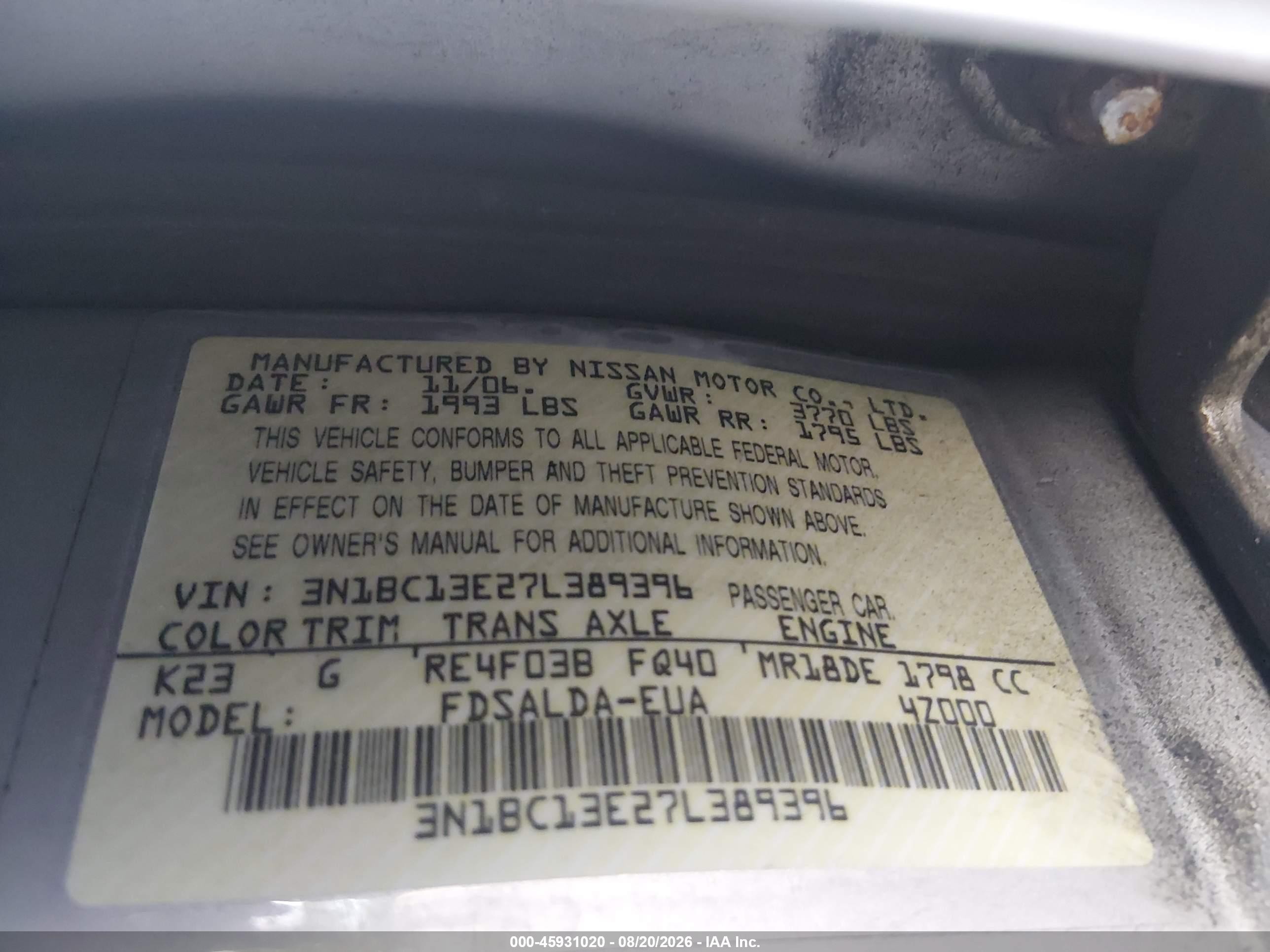 2007 Nissan Versa 1.8s Серебряный vin: 3N1BC13E27L389396