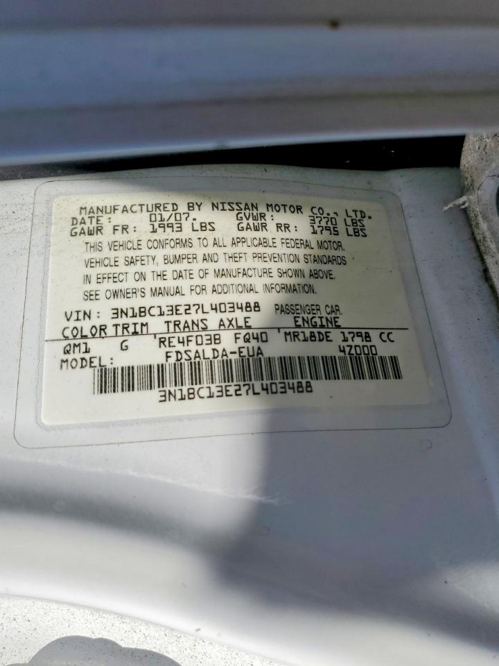 2007 Nissan Versa 1.8 S White vin: 3N1BC13E27L403488
