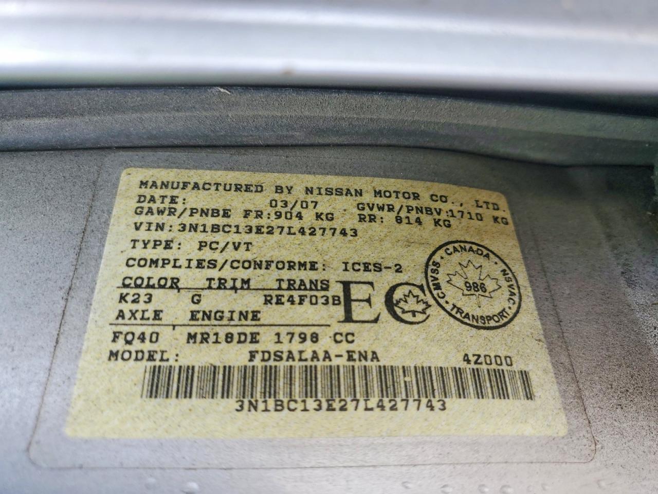 2007 Nissan Versa S Silver vin: 3N1BC13E27L427743