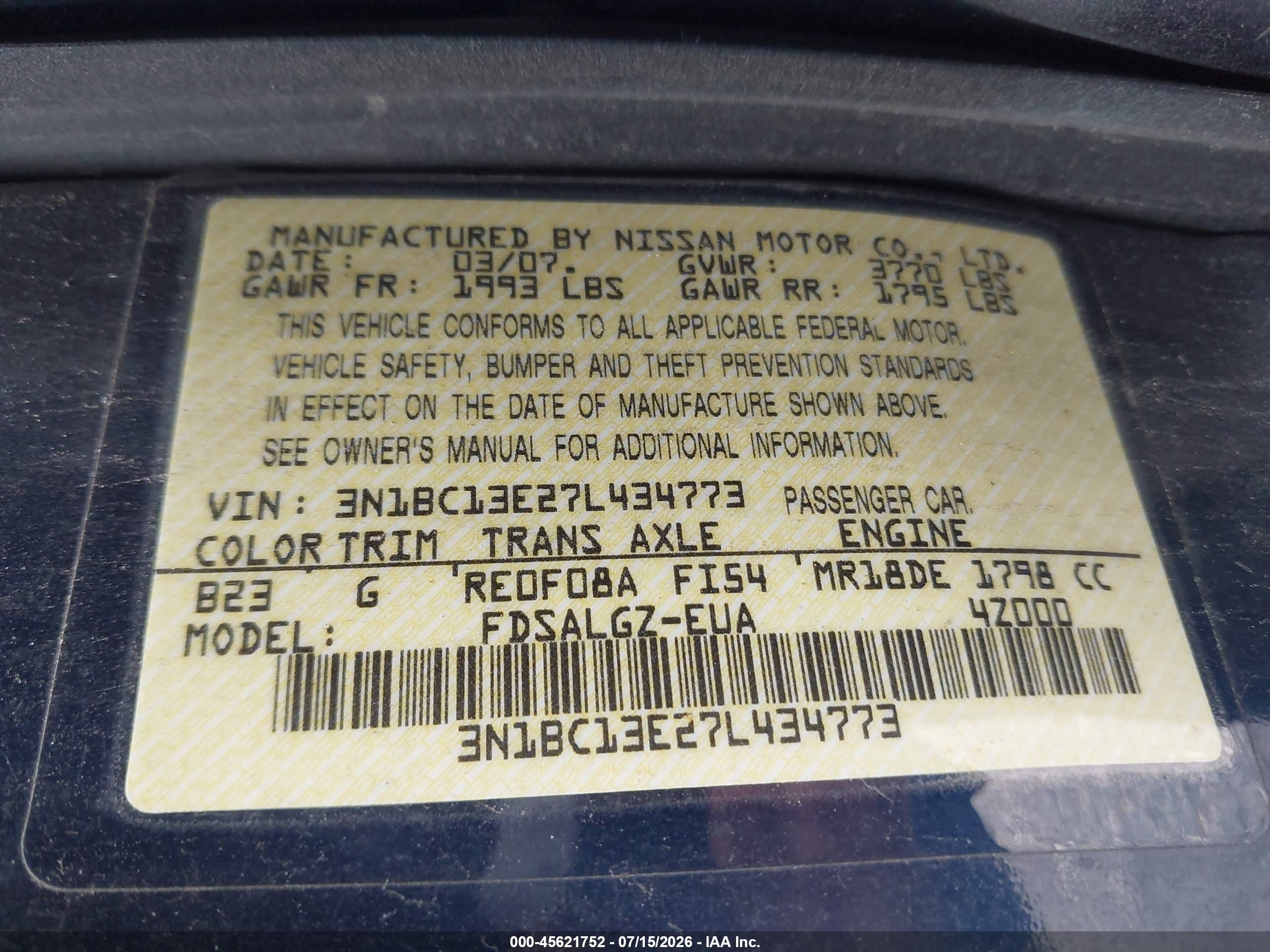 2007 Nissan Versa 1.8sl Blue vin: 3N1BC13E27L434773