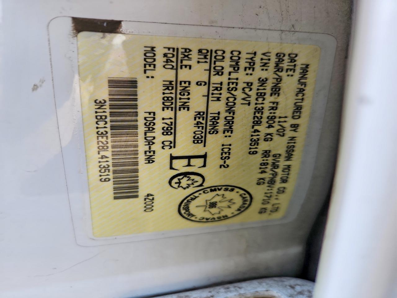 2008 Nissan Versa 1.8 S White vin: 3N1BC13E28L413519