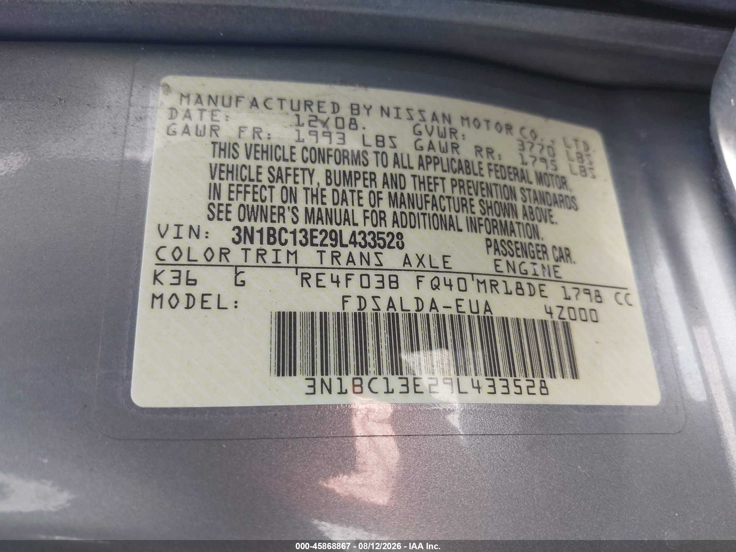 2009 Nissan Versa 1.8s Gray vin: 3N1BC13E29L433528