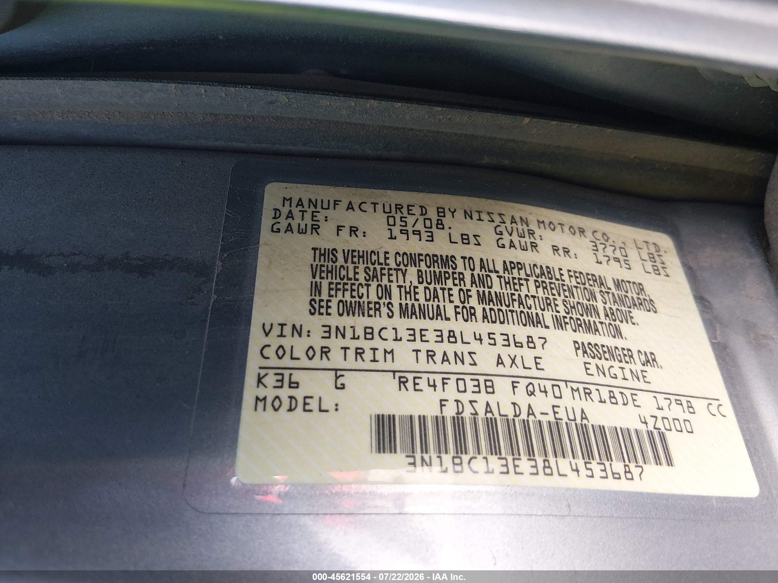 2008 Nissan Versa 1.8 S Silver vin: 3N1BC13E38L453687