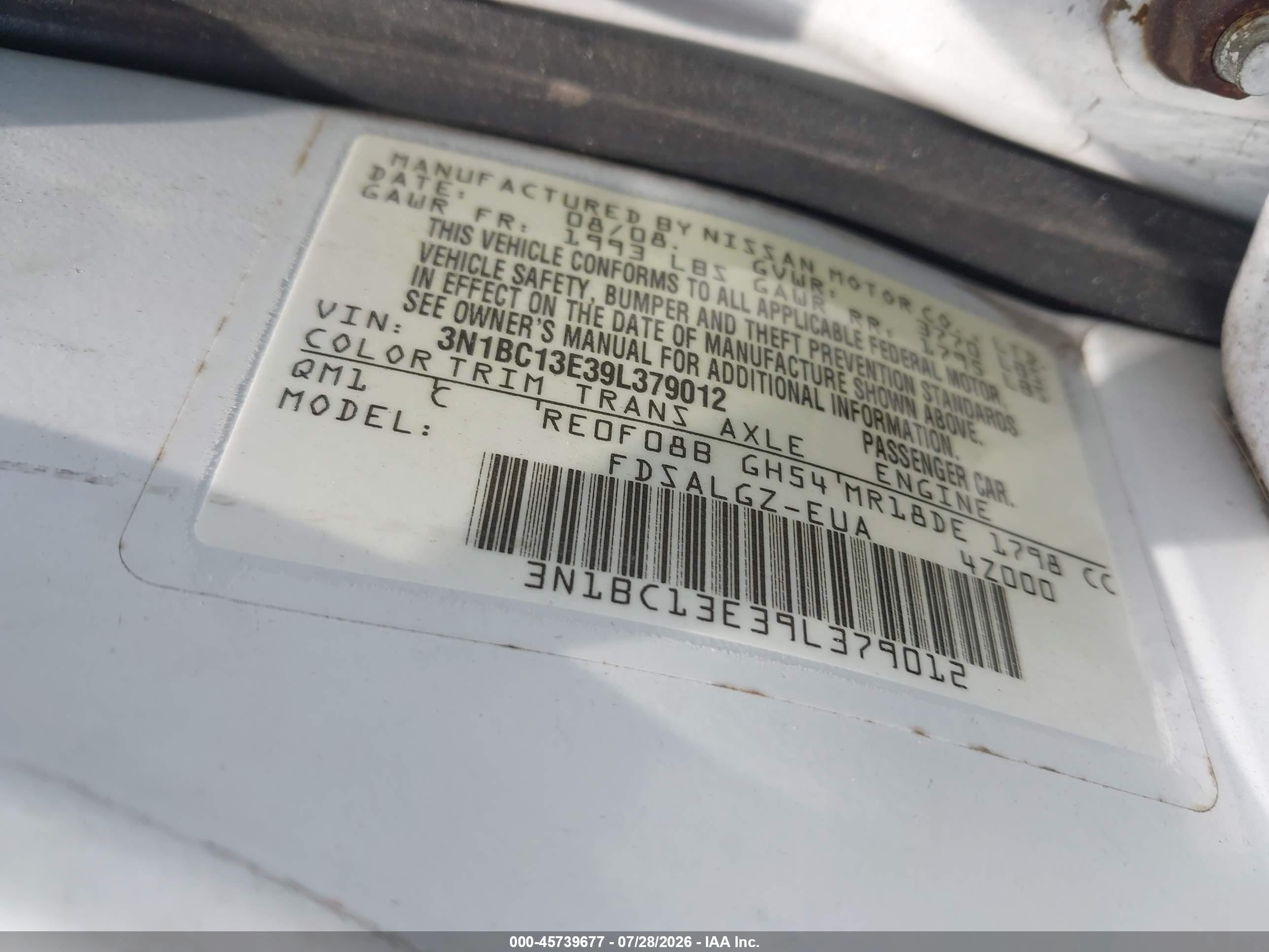 2009 Nissan Versa 1.8sl White vin: 3N1BC13E39L379012