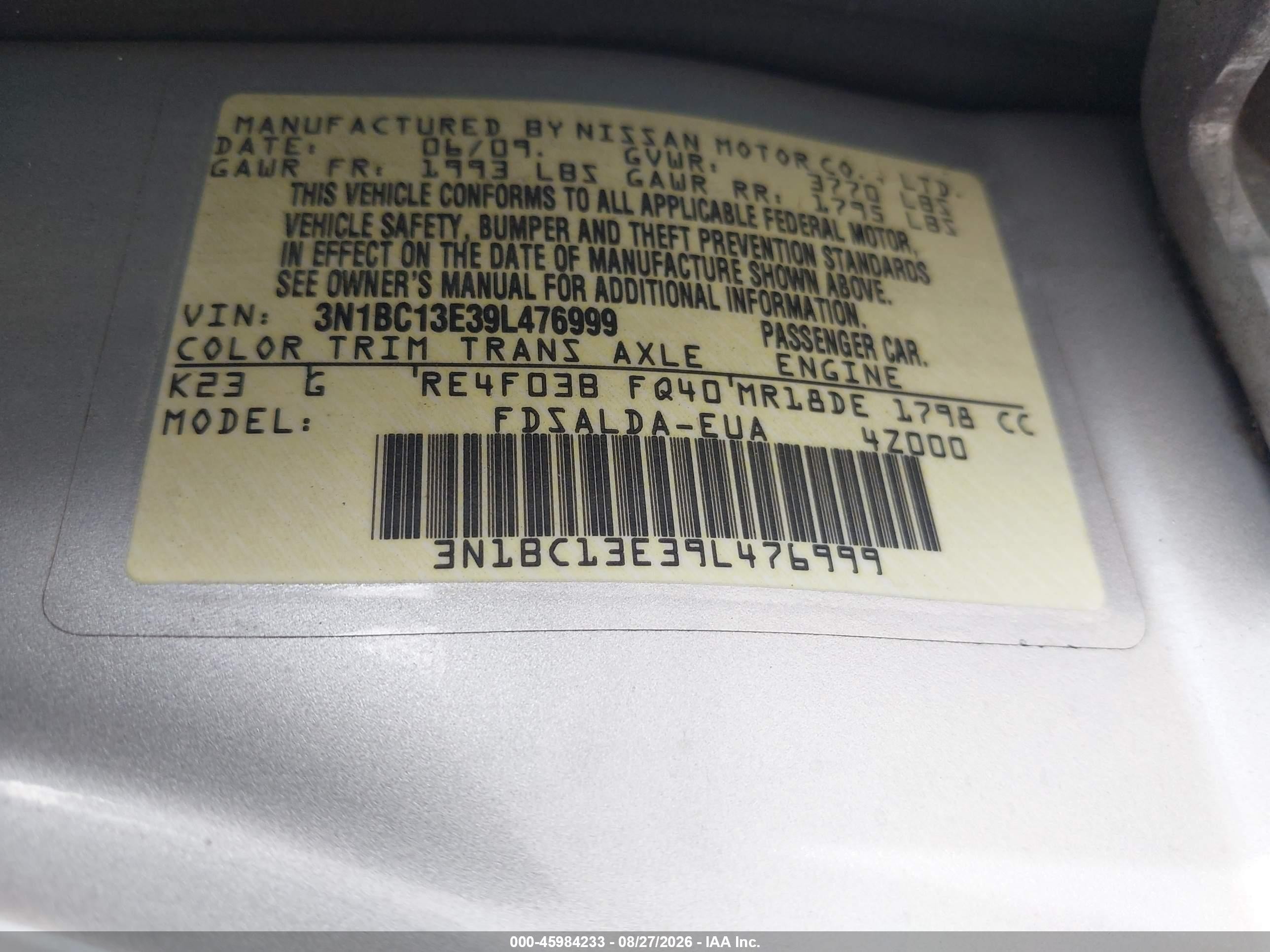 2009 Nissan Versa 1.8s Silver vin: 3N1BC13E39L476999